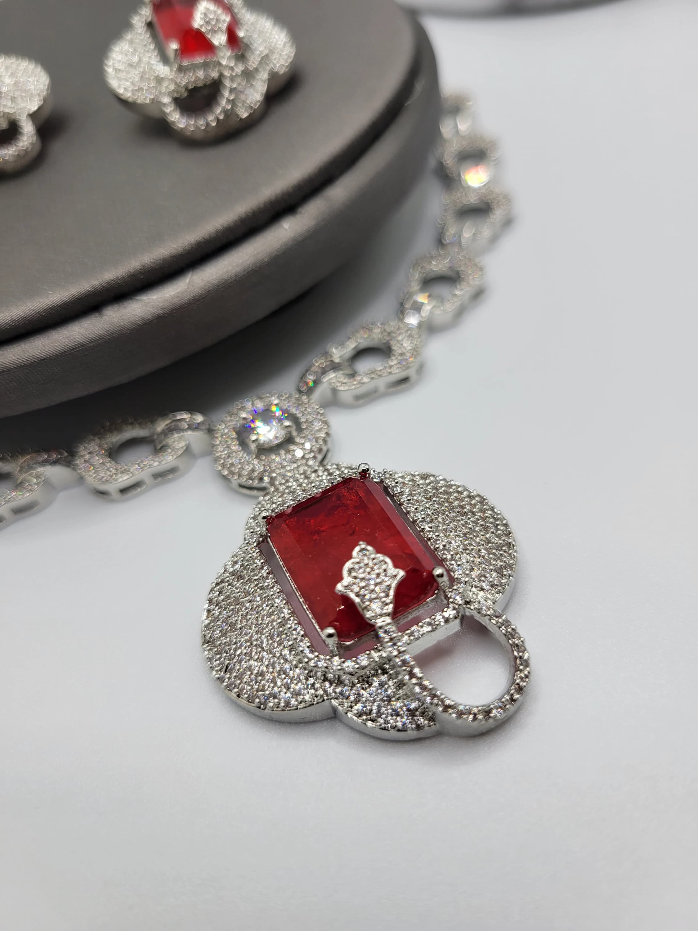 Red Stone Necklace and Earrings Set, Rhodium Plated