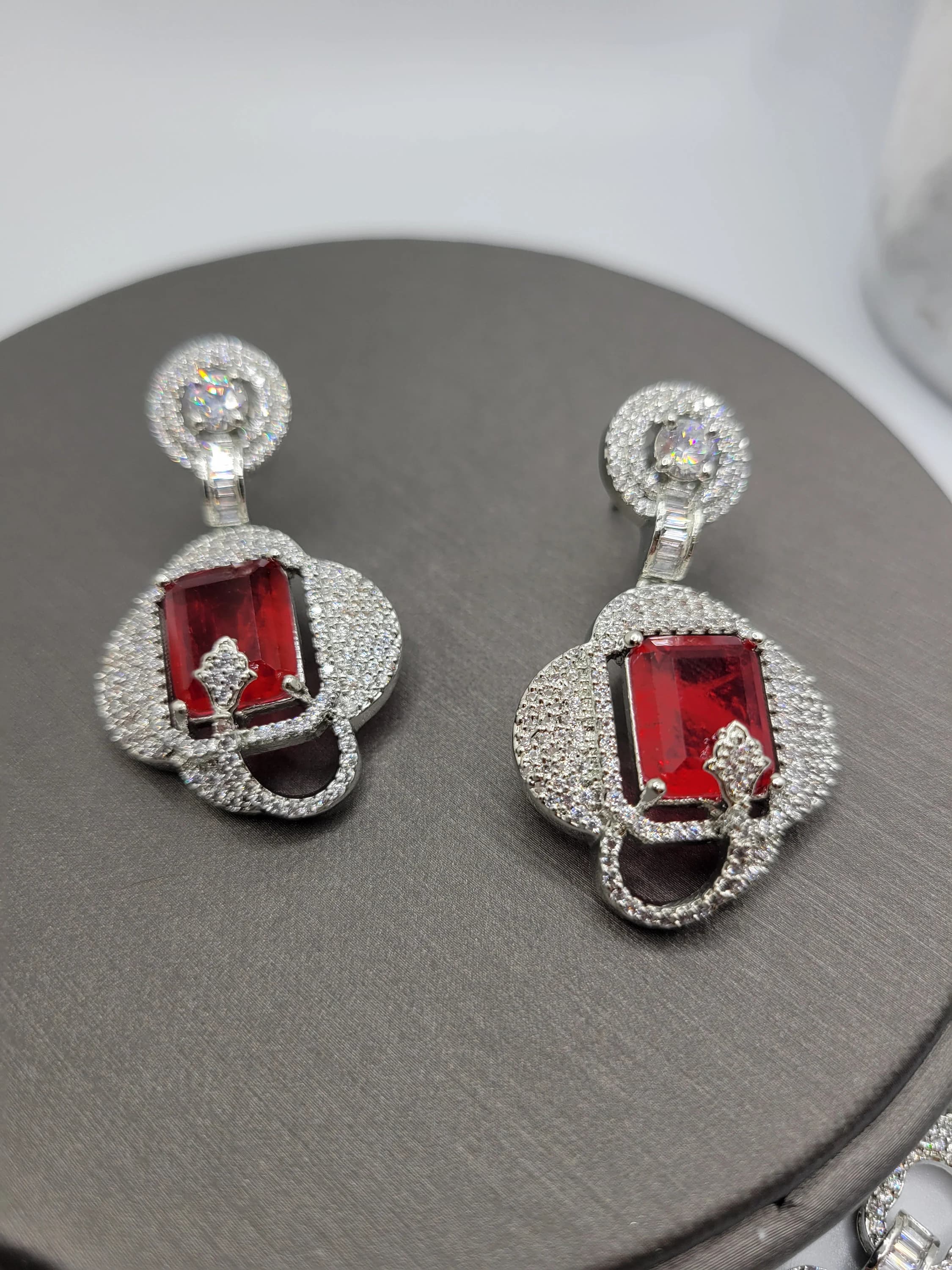 Red Stone Necklace and Earrings Set, Rhodium Plated - image 4