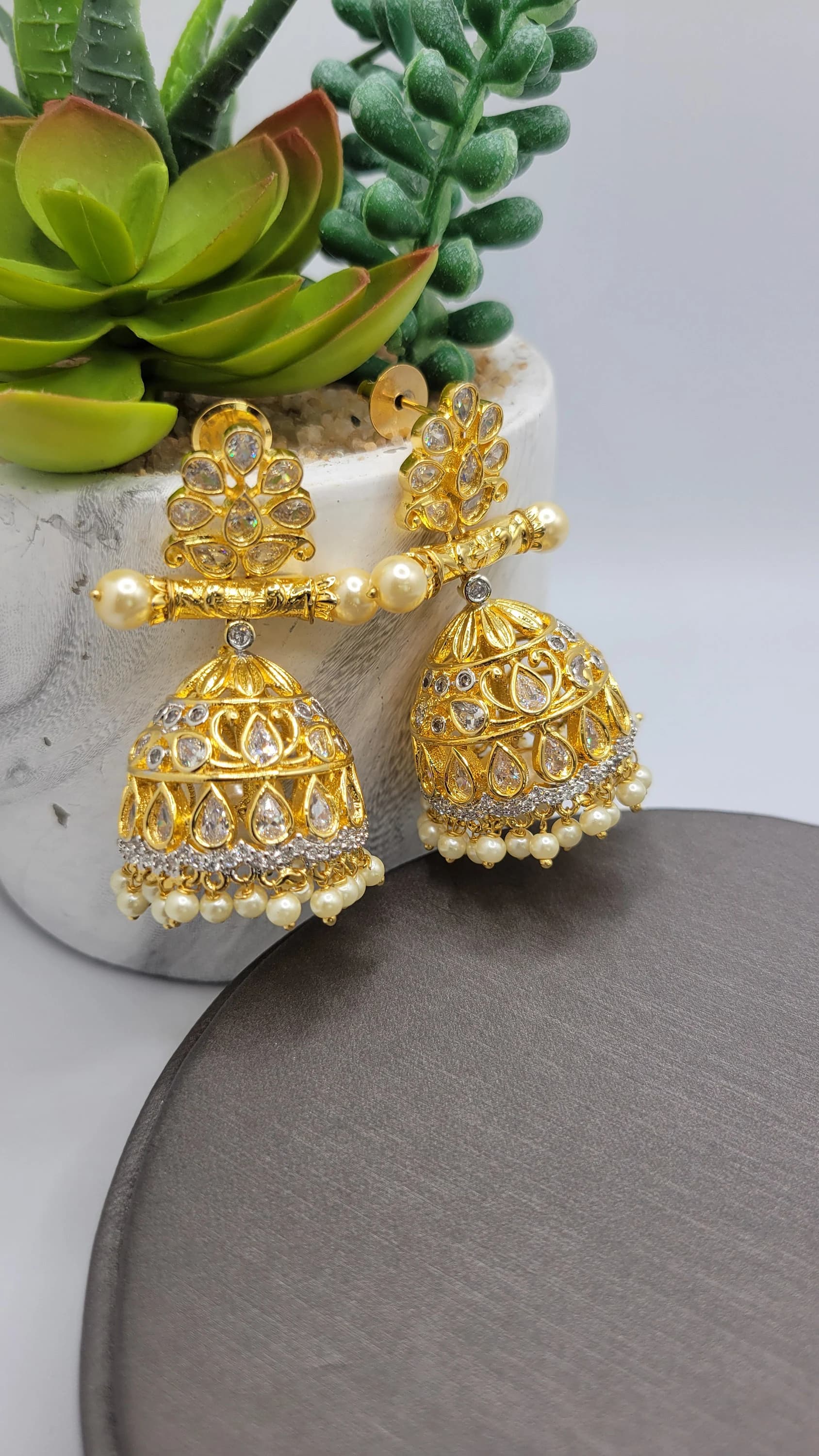 24k gold plated cubic zirconia jhumka earrings