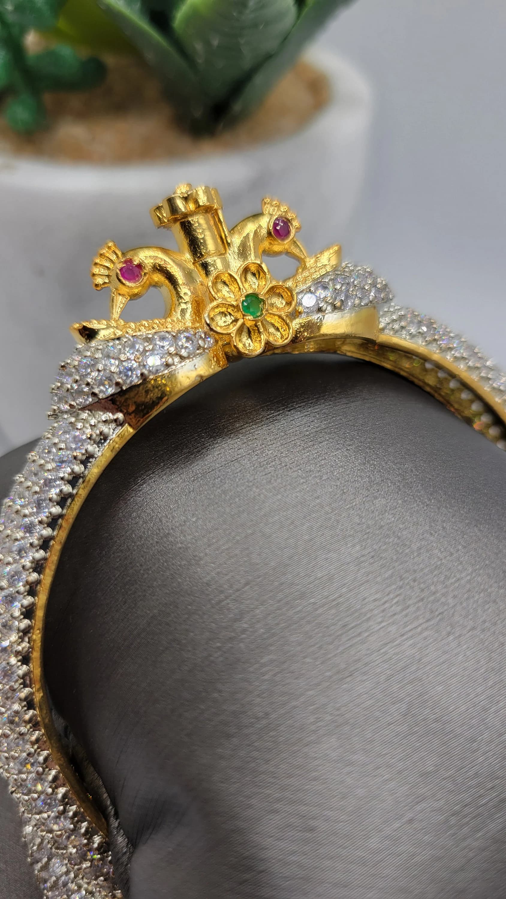 24k Gold Plated Bangle Set with Cubic Zirconia Peacock Design - image 4