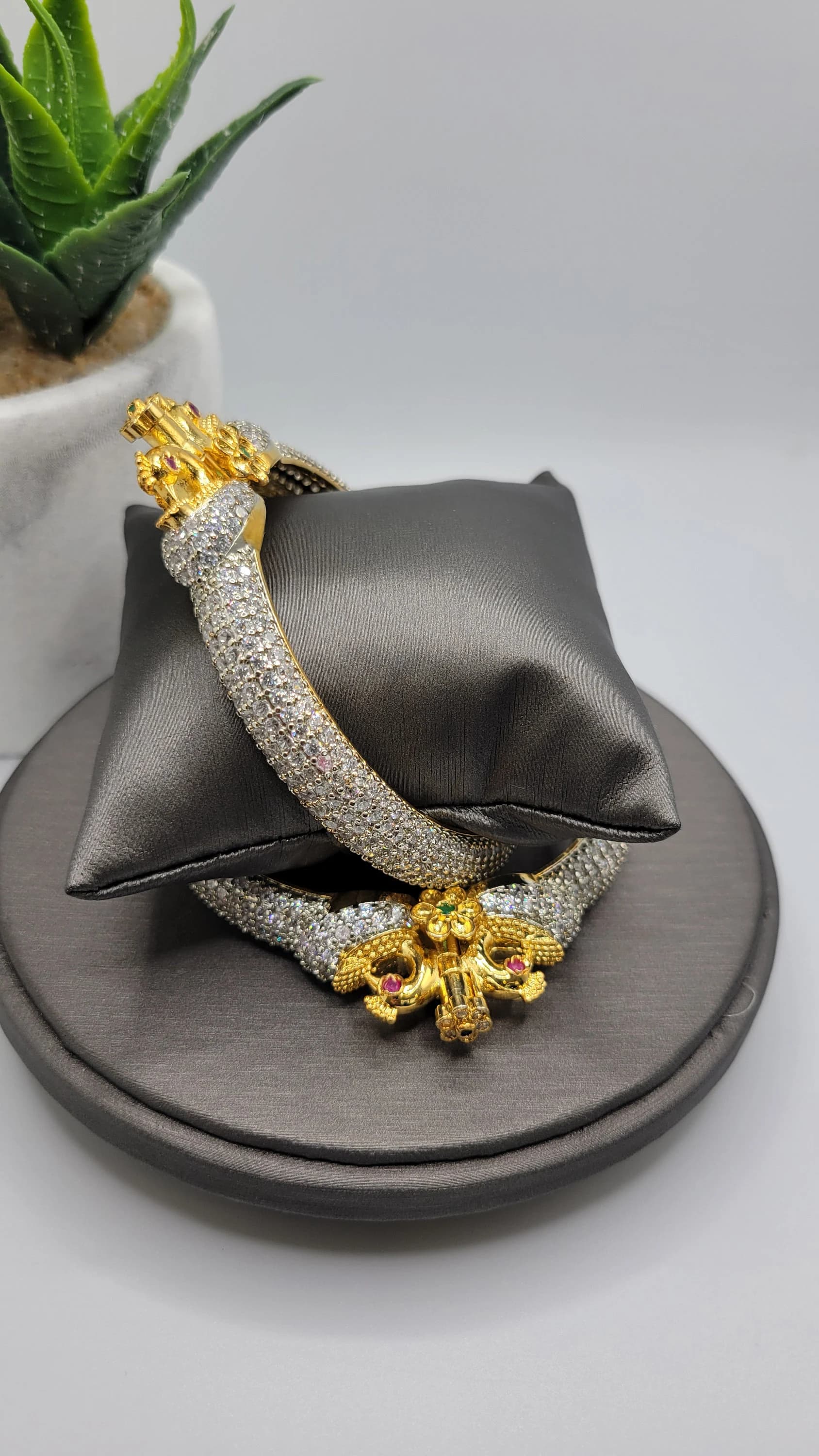 24k Gold Plated Bangle Set with Cubic Zirconia Peacock Design - image 3