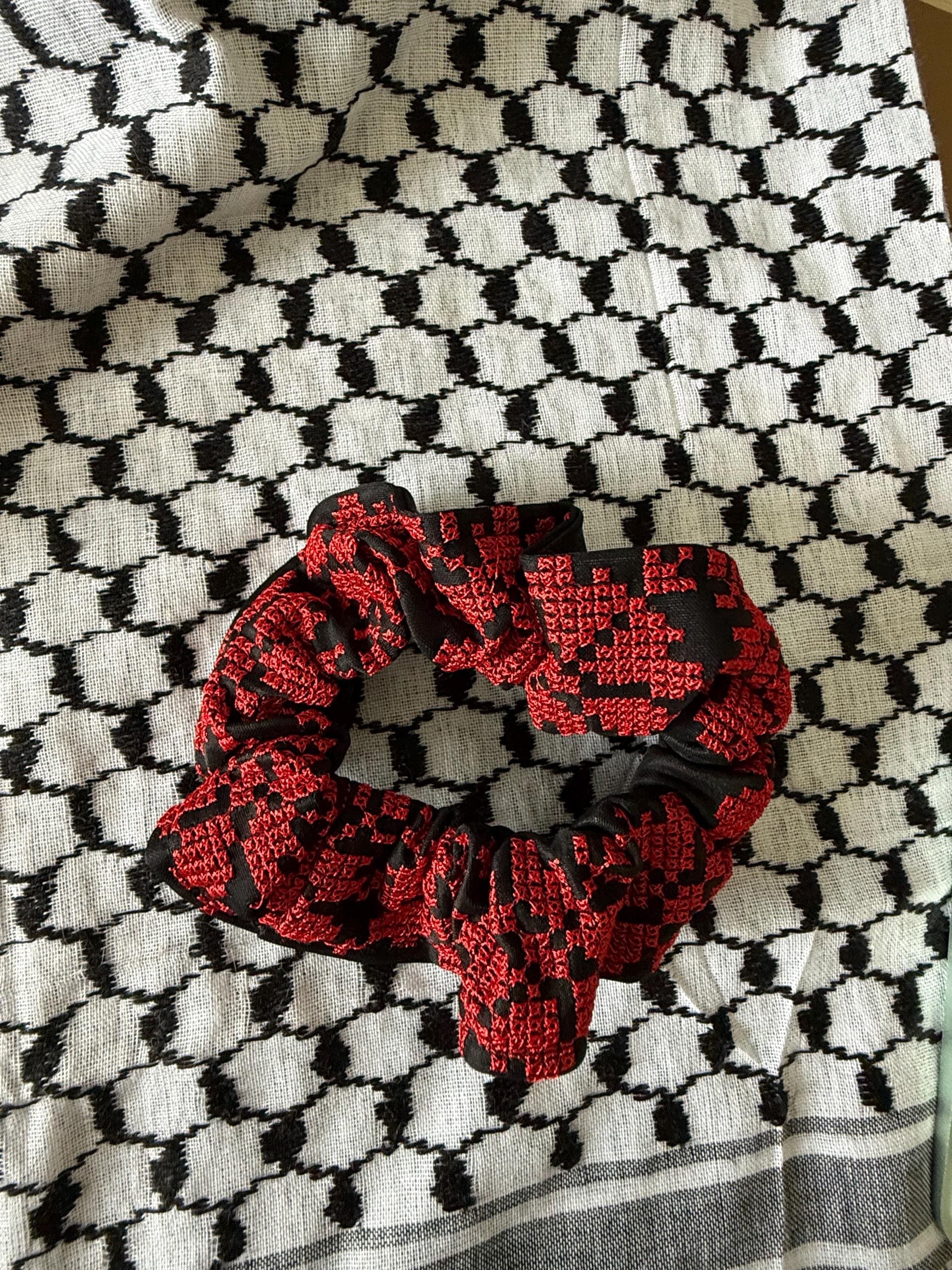 Tatreez Black and Red hair scrunchie | Hair scrunchie, tatreez hair tie embroidery