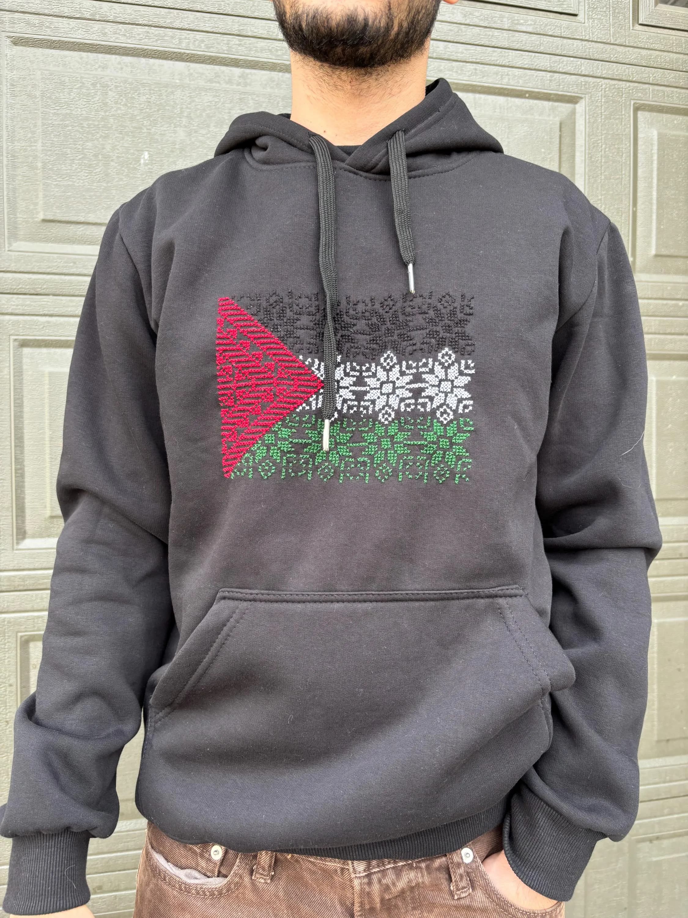 Unisex Hand Embroidered Black Palestinian hoodie | Palestine flag embroidered hoodie in Black | Palestinian Tatreez Hoodie Gift