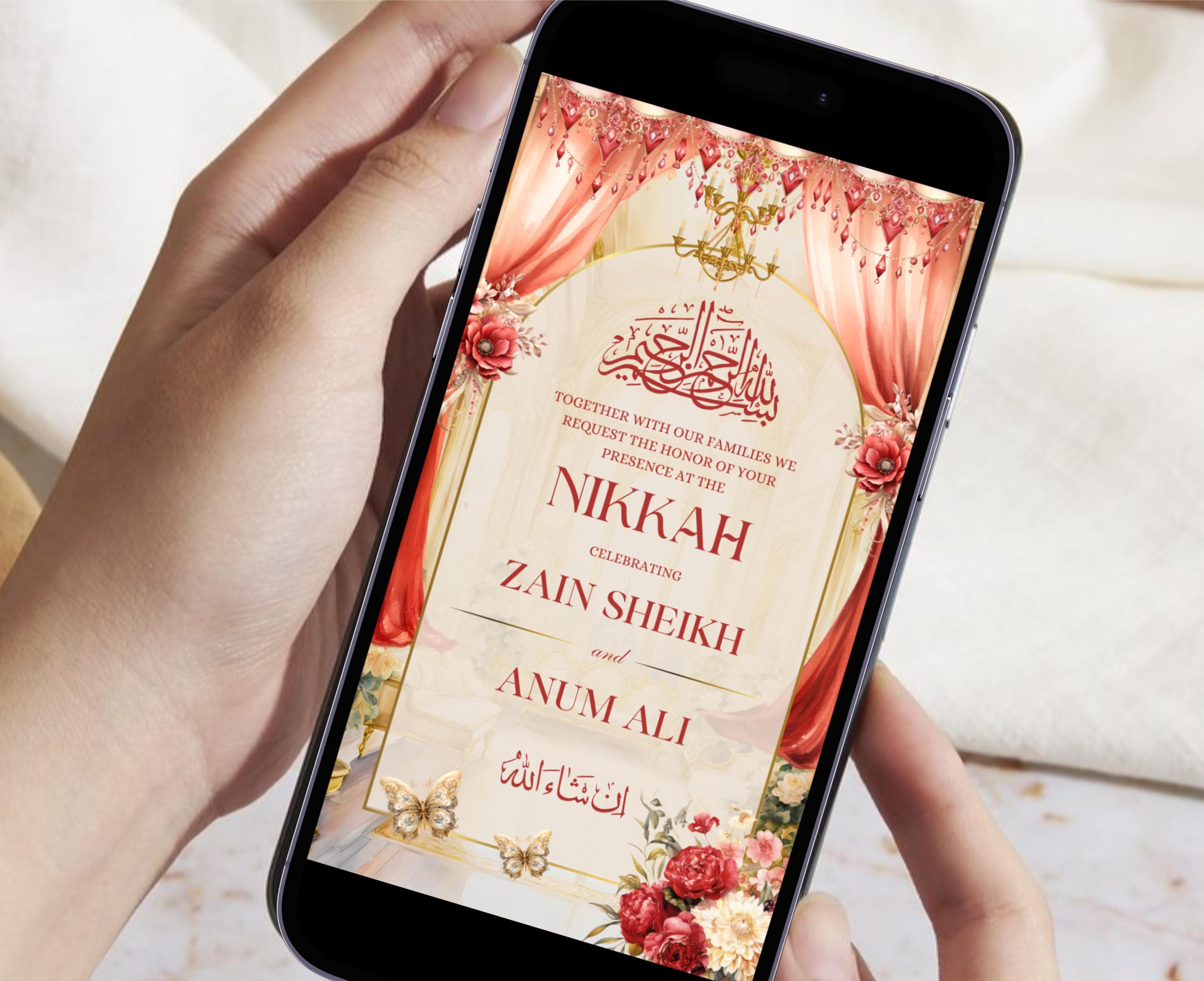Red Muslim Wedding Invitation Digital Nikkah Invitation Illustration Video Islamic Wedding Invitation Red Baraat Invitation Card Shaadi Card
