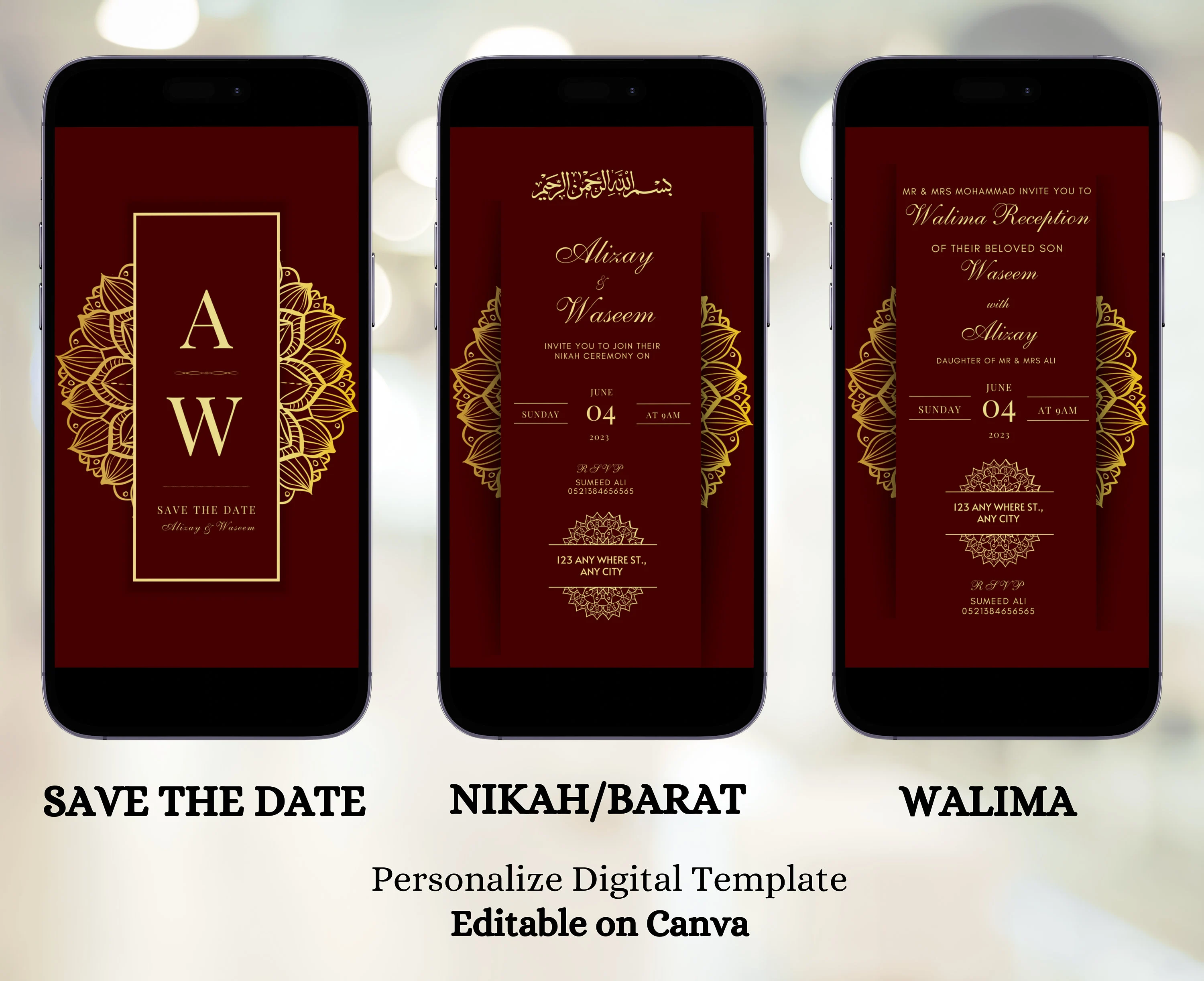 Digital Muslim Wedding Invitation Template Electronic Maroon Nikah Invite Editable Islamic Neutral Walima Reception Evite