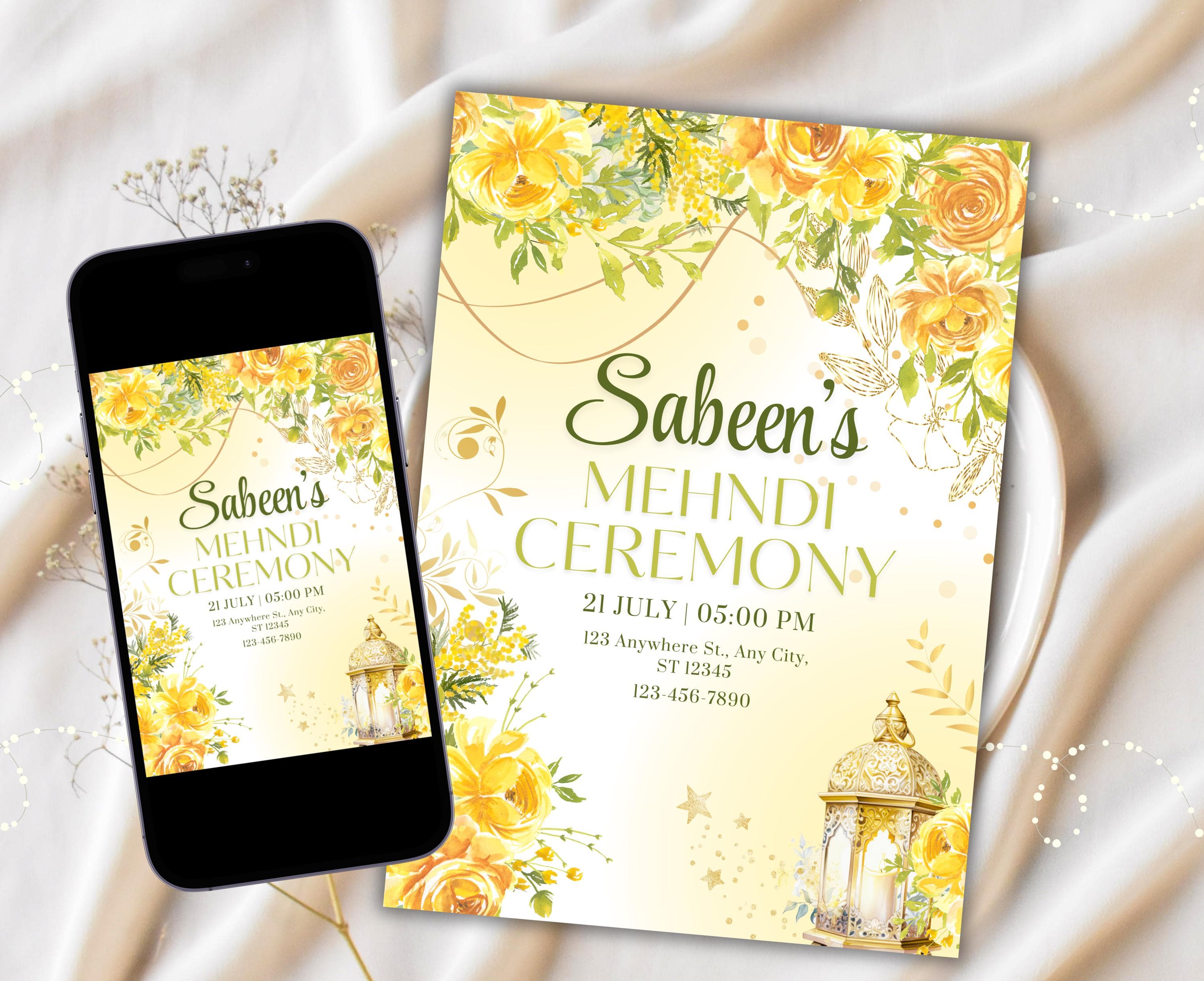 Henna invitation Yellow Green Mehndi Invites Dholki invitations Mehendi Invites Henna Party Invitations Digital Mehndi Haldi Invitation
