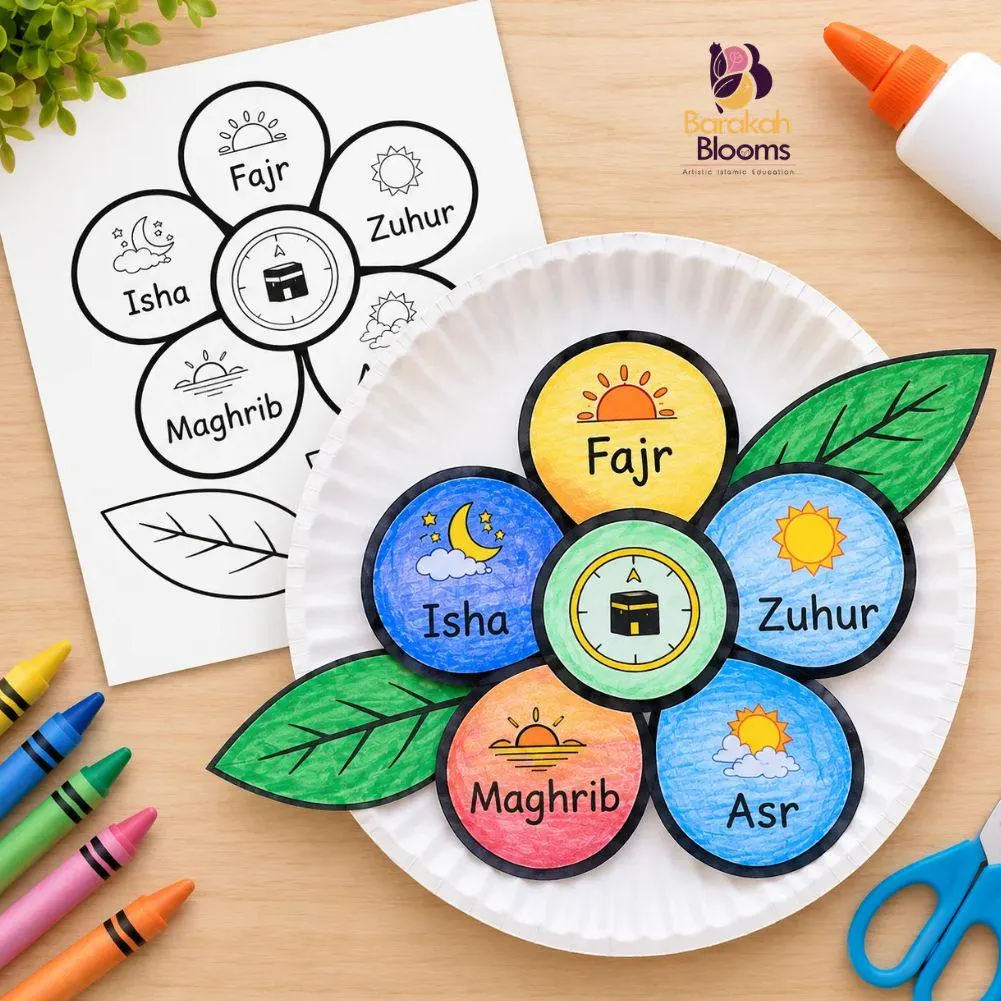 5 Daily Prayers Craft Printable, Islamic Paper Plate Activity for Muslim Kids