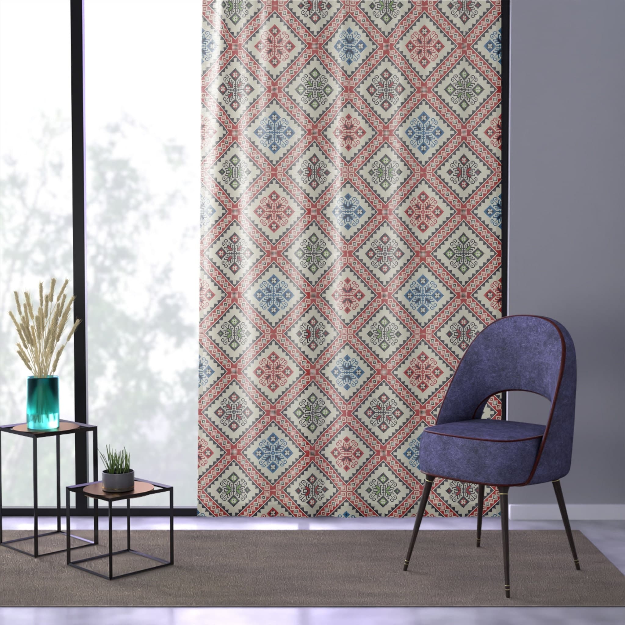Palestine Tatreez Window Curtain: Henna Decoration, 50" x 84"