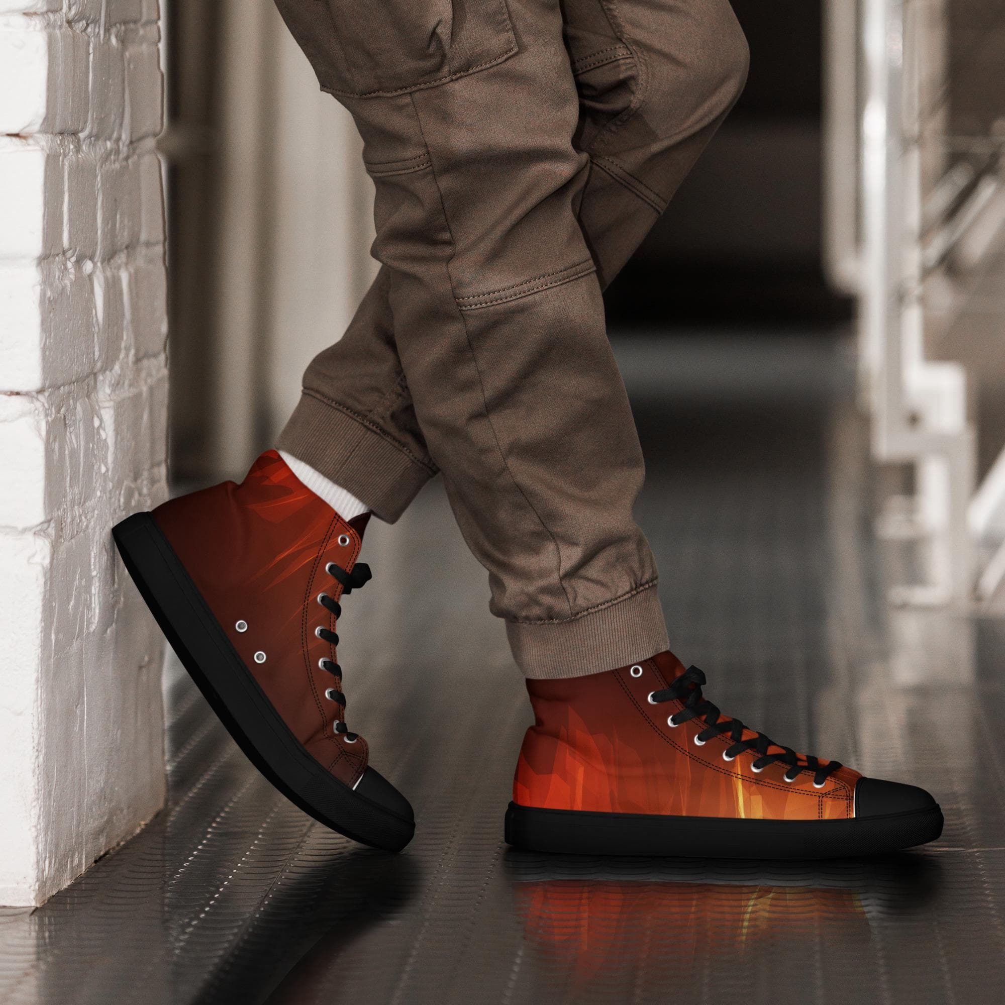Men’s High Top Canvas Shoes – Abstract Futuristic Mesh Design, Geometric Lines & Polygons.
