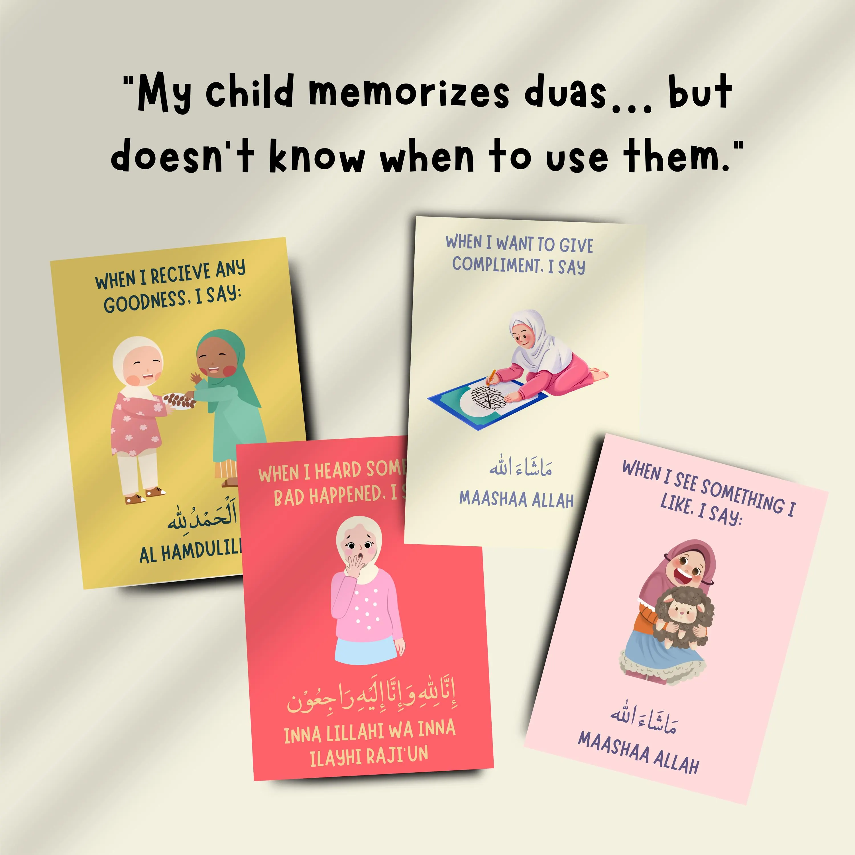 Islamic dua learning cards for children featuring cartoon kids, soft pastel backgrounds, and simple English prompts to help memorize daily prayers