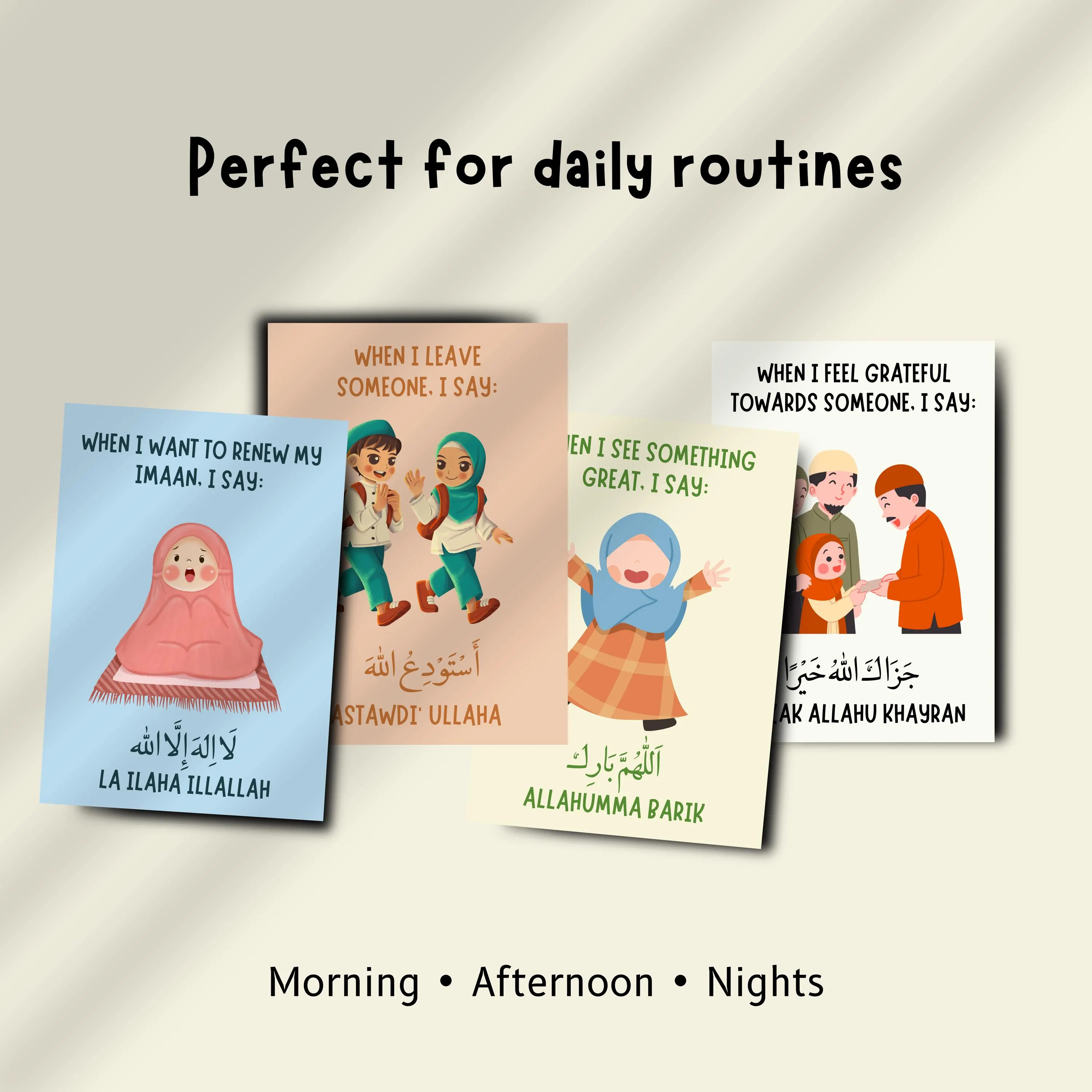 Educational Muslim kids flashcards designed to teach everyday duas through visual storytelling and easy wording.