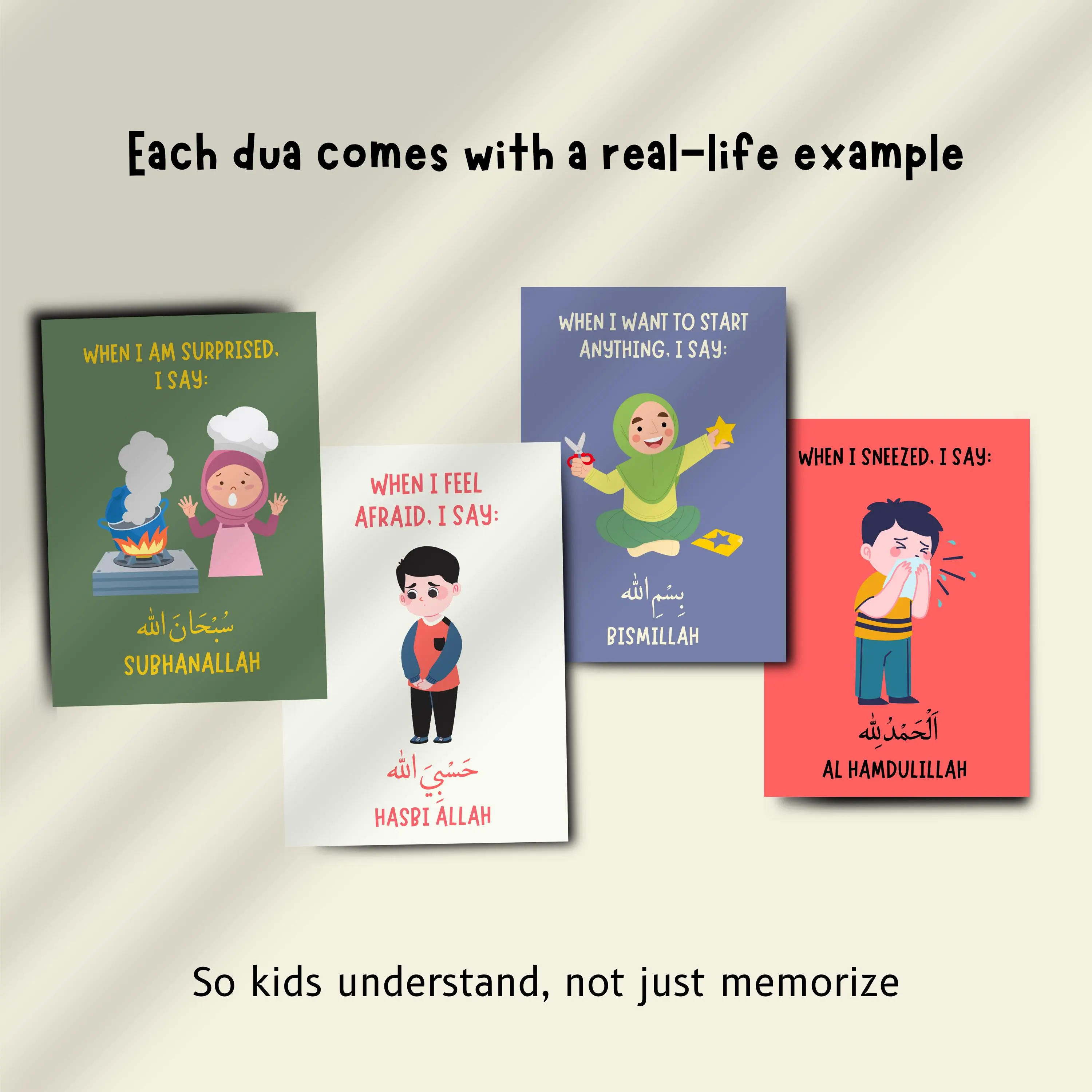Daily dua flashcards for kids displayed in a grid layout, showing four colorful prayer cards with child-friendly illustrations teaching common Islamic phrases like Bismillah, Alhamdulillah, Subhanallah, and Hasbi Allah