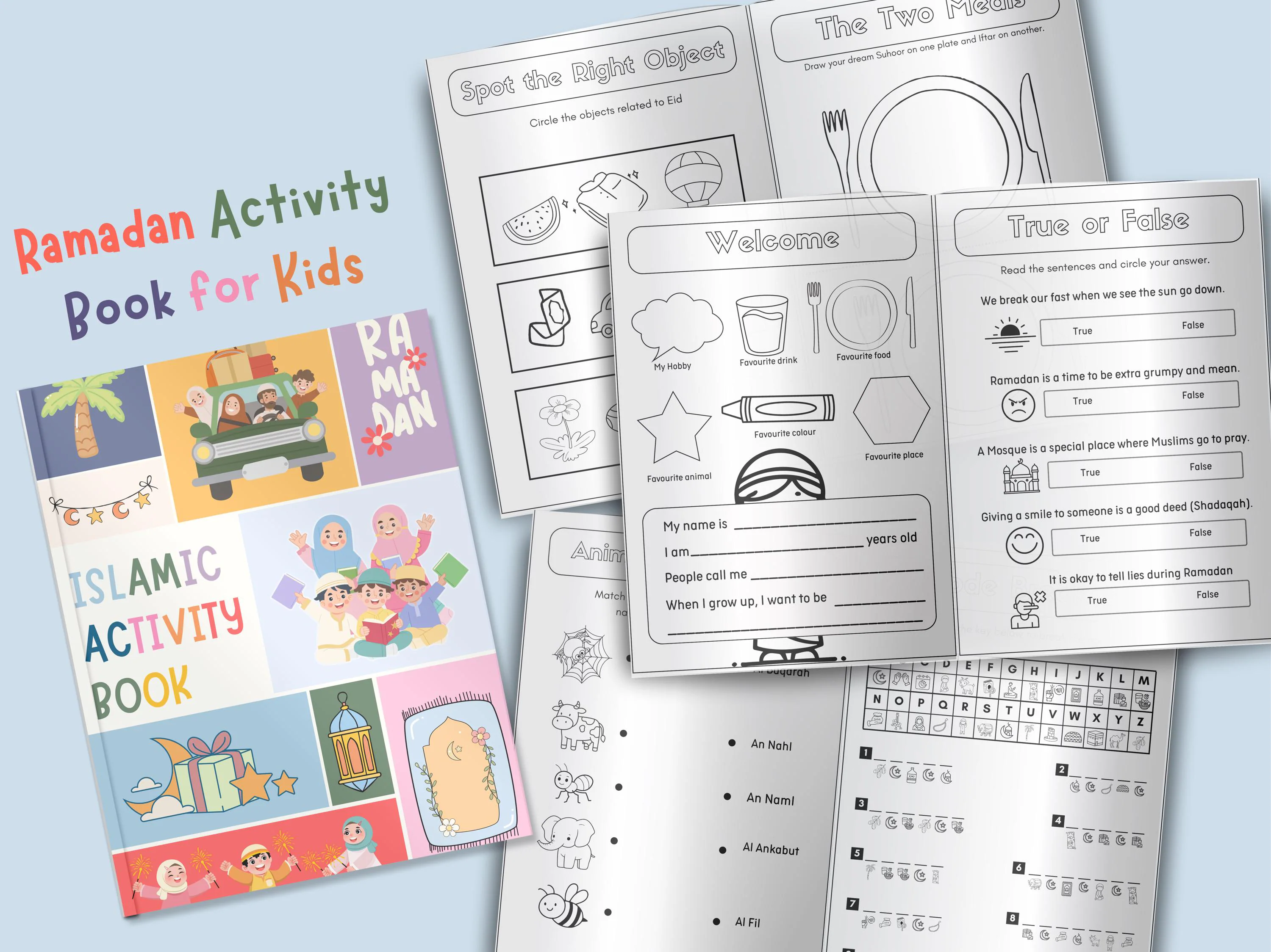 Islamic Activity Book, Learning Games Printable, Islamic Activity for Kids, Ramadan and Eid Worksheet