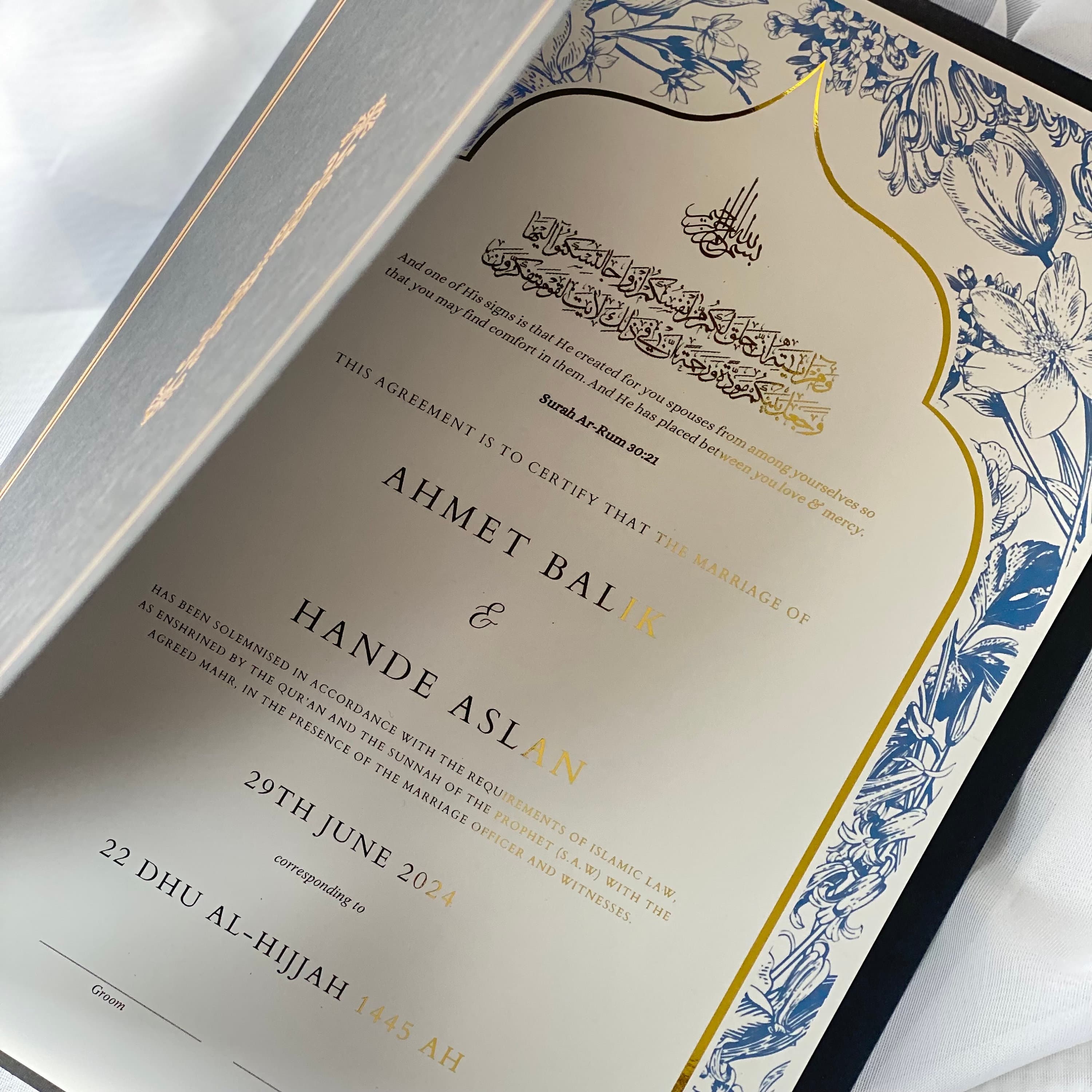 Luxury Foiled Nikah Certificate: Personalized Muslim Marriage Contract (A4)