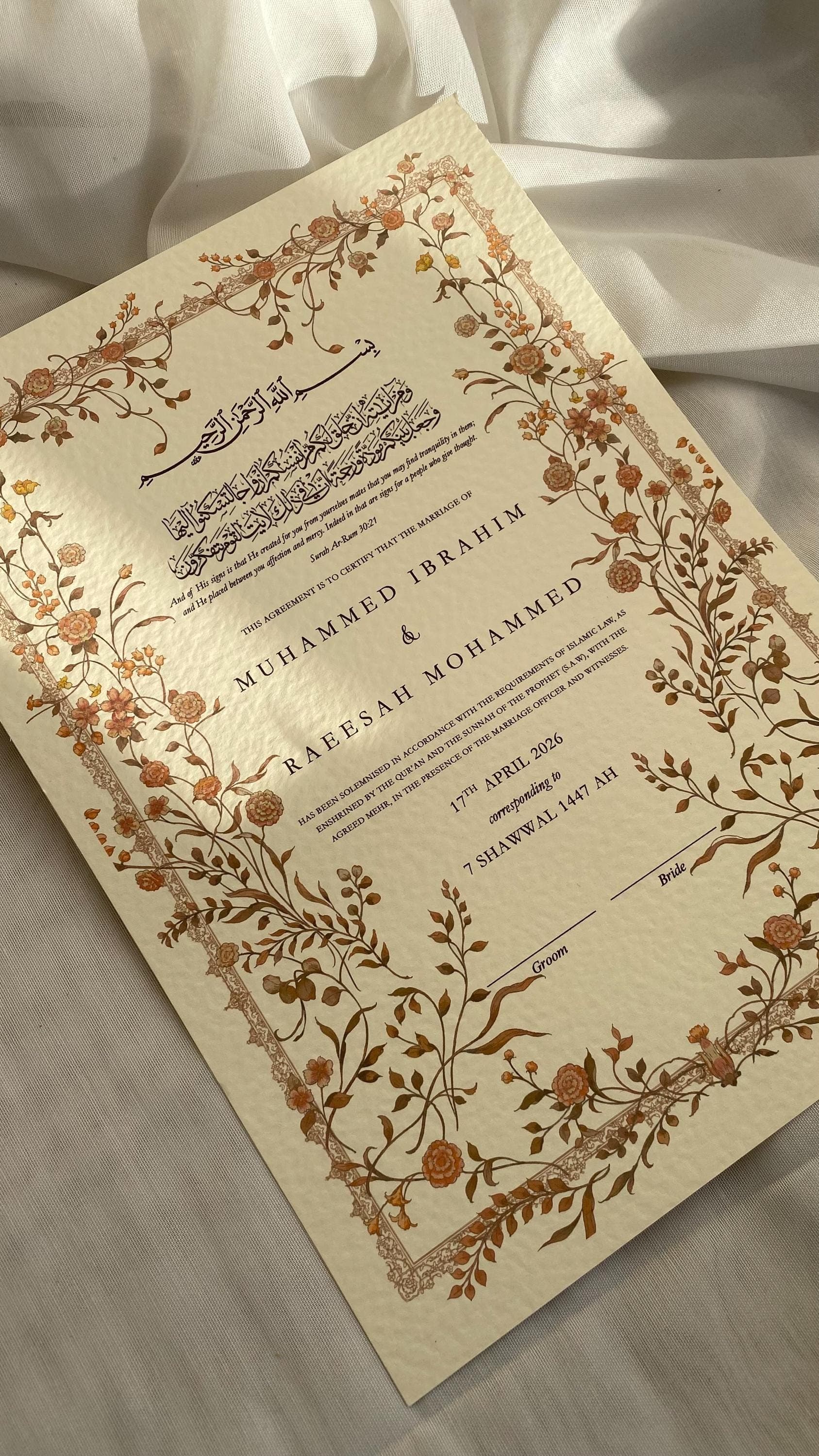 Luxury Hammered Nikkah Certificate: Personalized Muslim Marriage Contract A3/A4