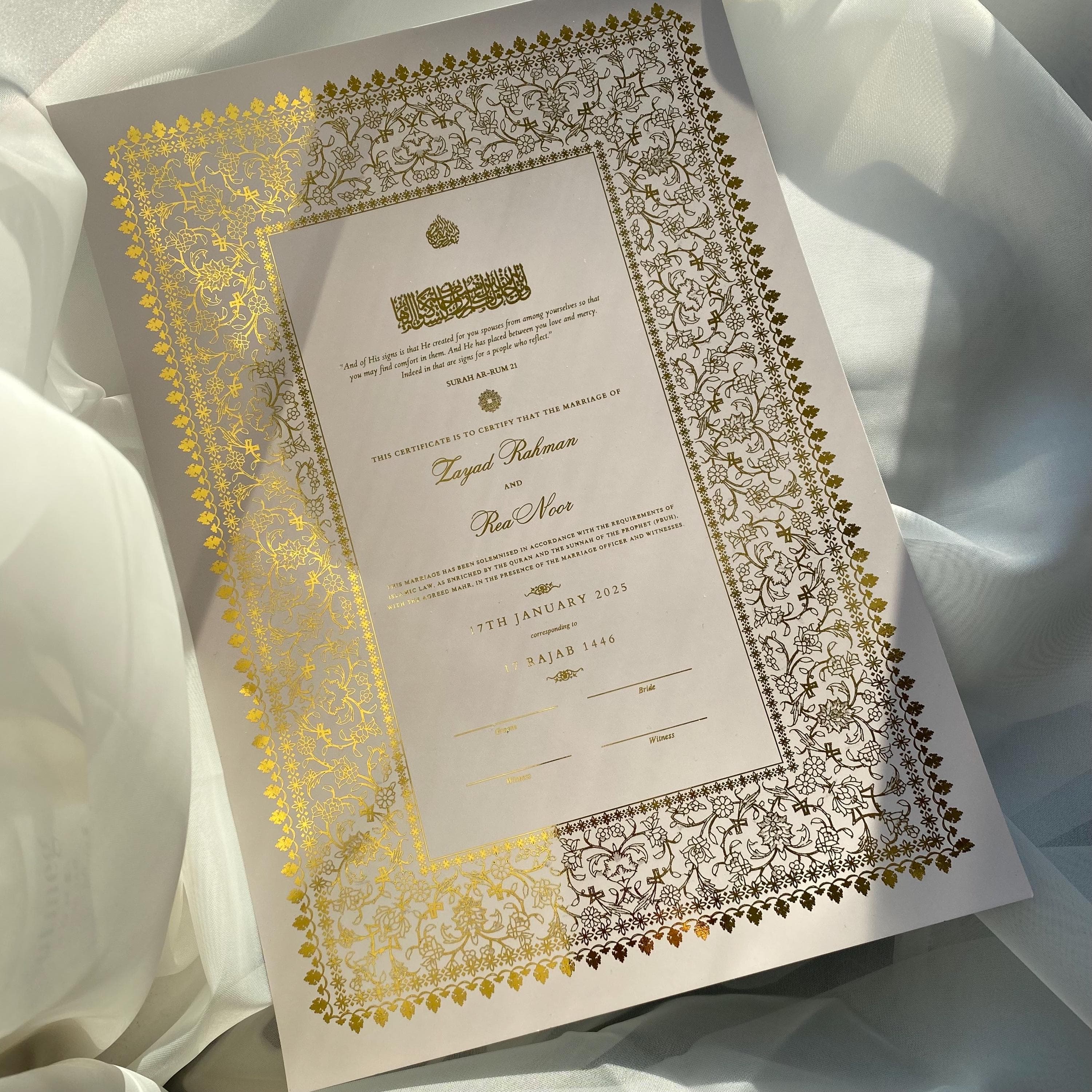 Foiled Nikkah Certificate: Personalised Islamic Wedding Contract A4 - image 4