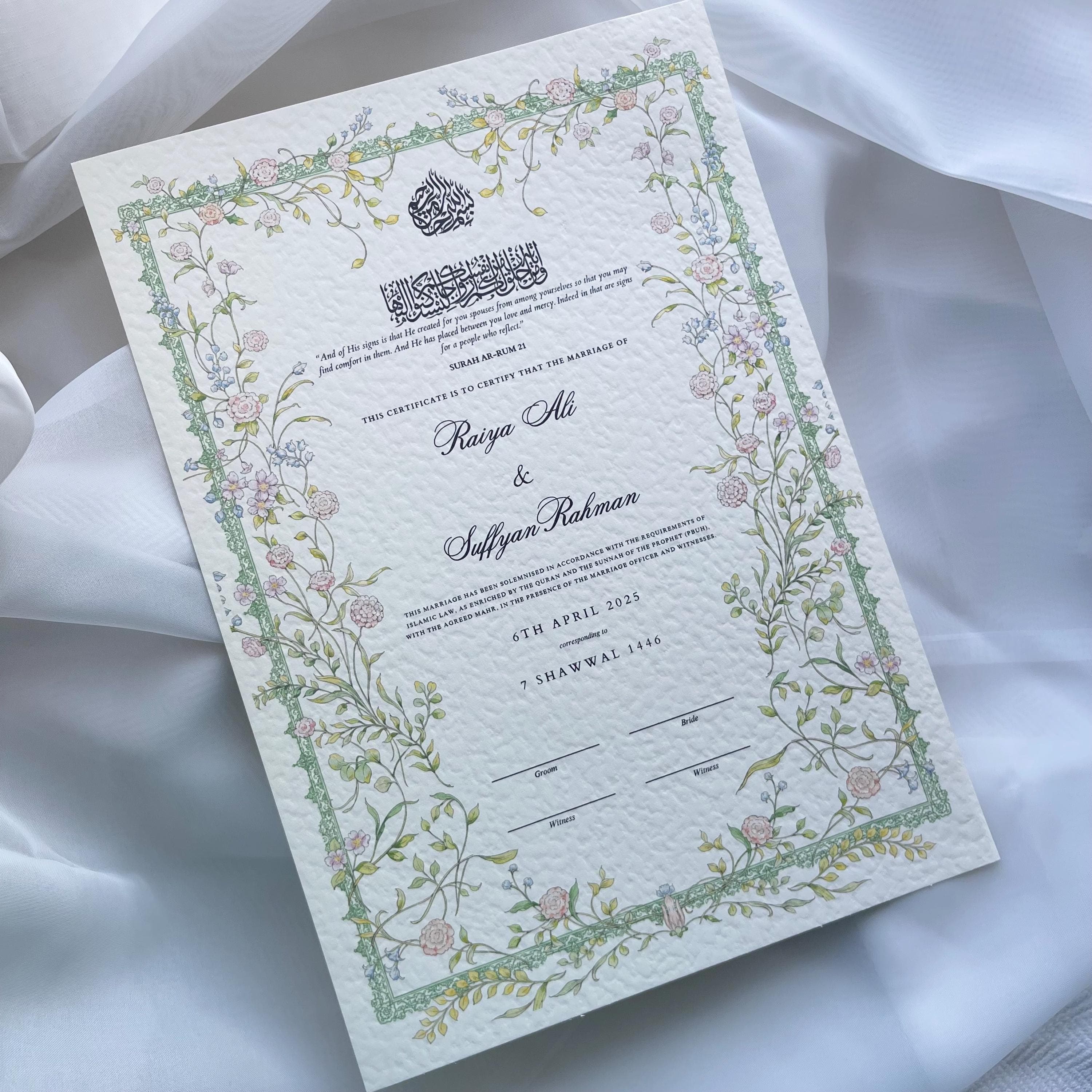 Floral Hammered Nikkah Certificate: Personalized Muslim Marriage Contract
