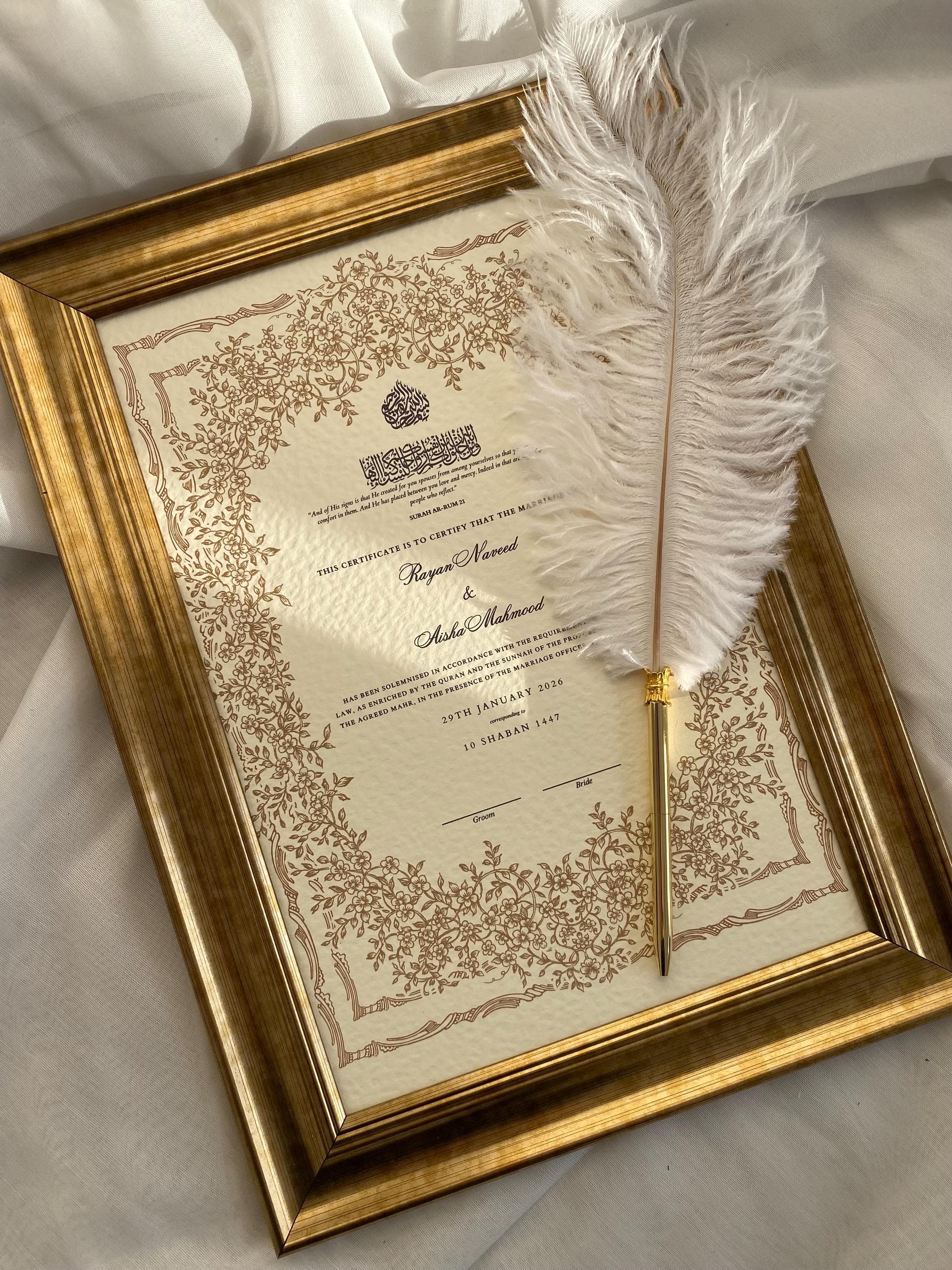 Luxury Hammered Nikkah Certificate: Personalized Muslim Marriage Contract A4