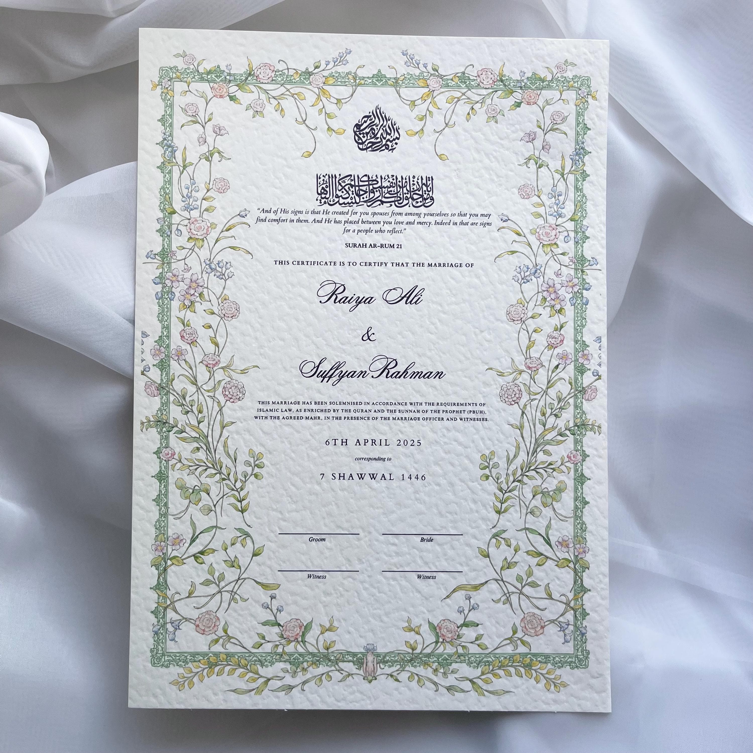 Floral Hammered Nikkah Certificate: Personalized Muslim Marriage Contract - image 3