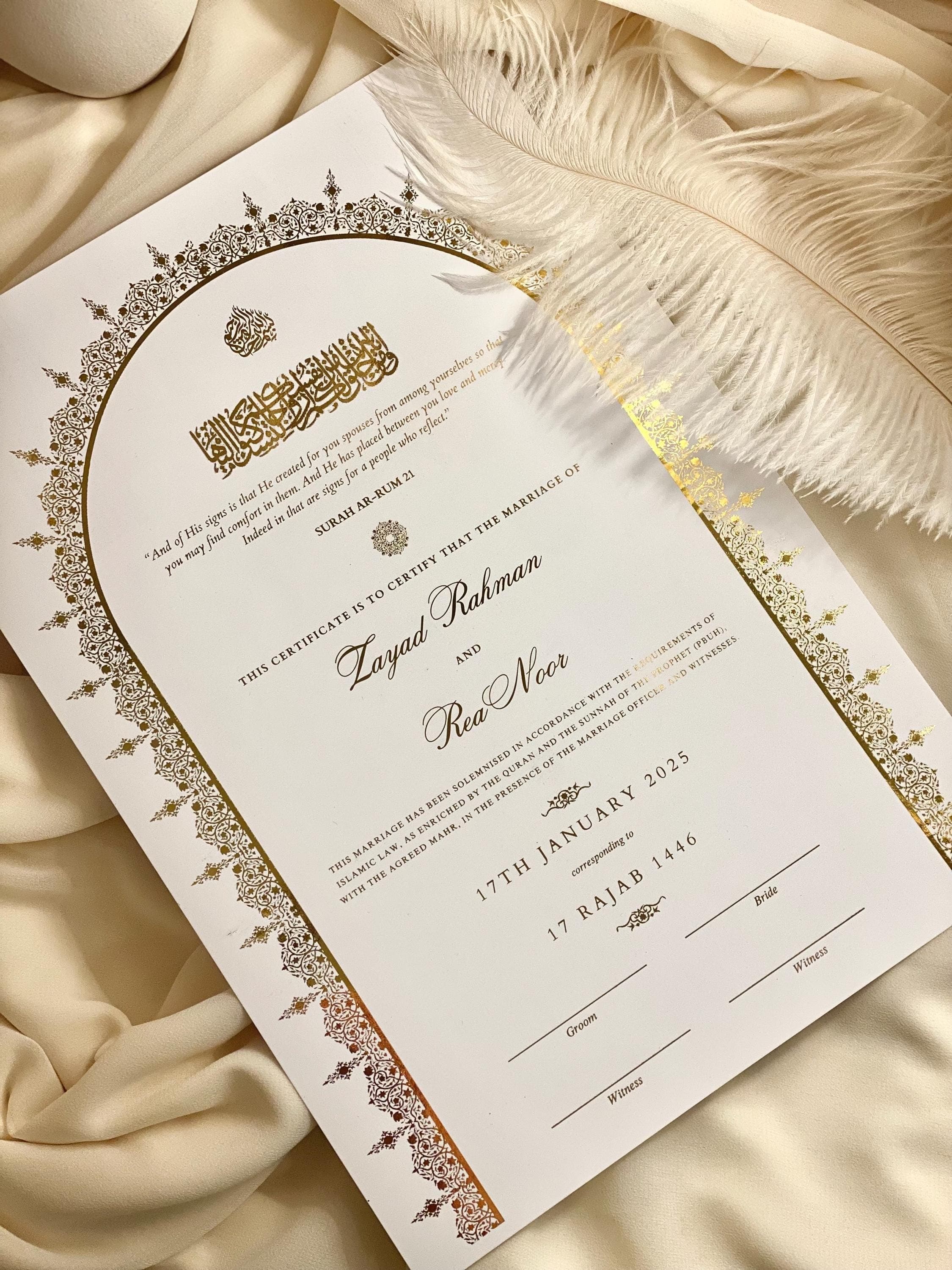 Foiled Nikkah Certificate: Personalized Islamic Wedding Contract