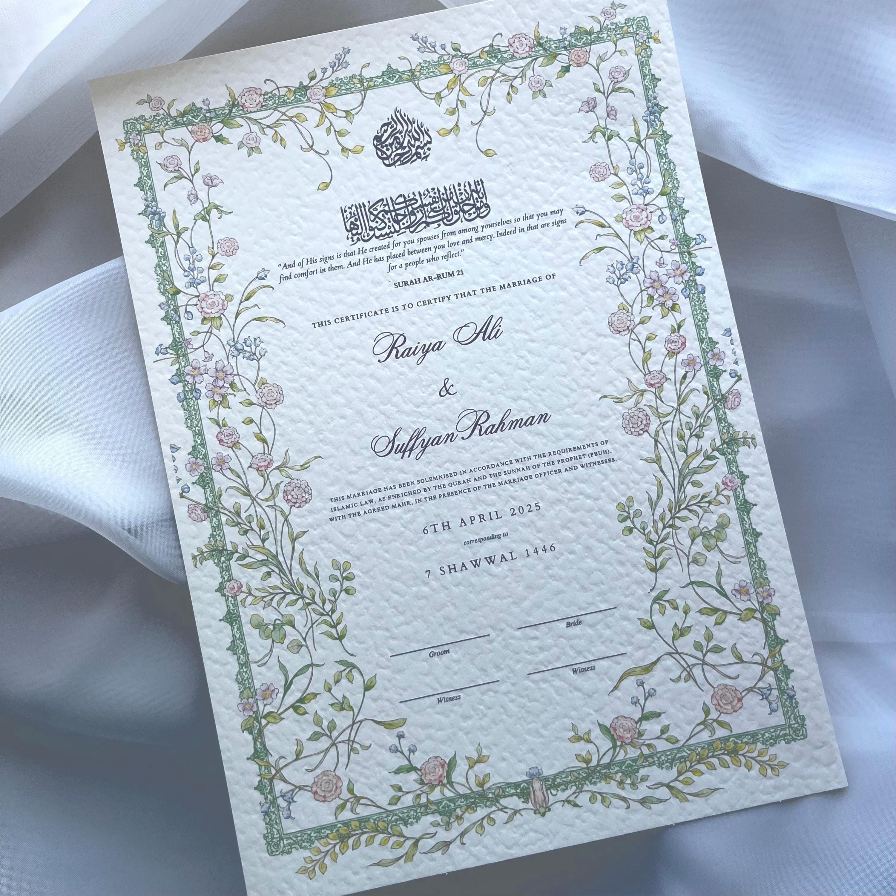 Floral Hammered Nikkah Certificate: Personalized Muslim Marriage Contract - image 4