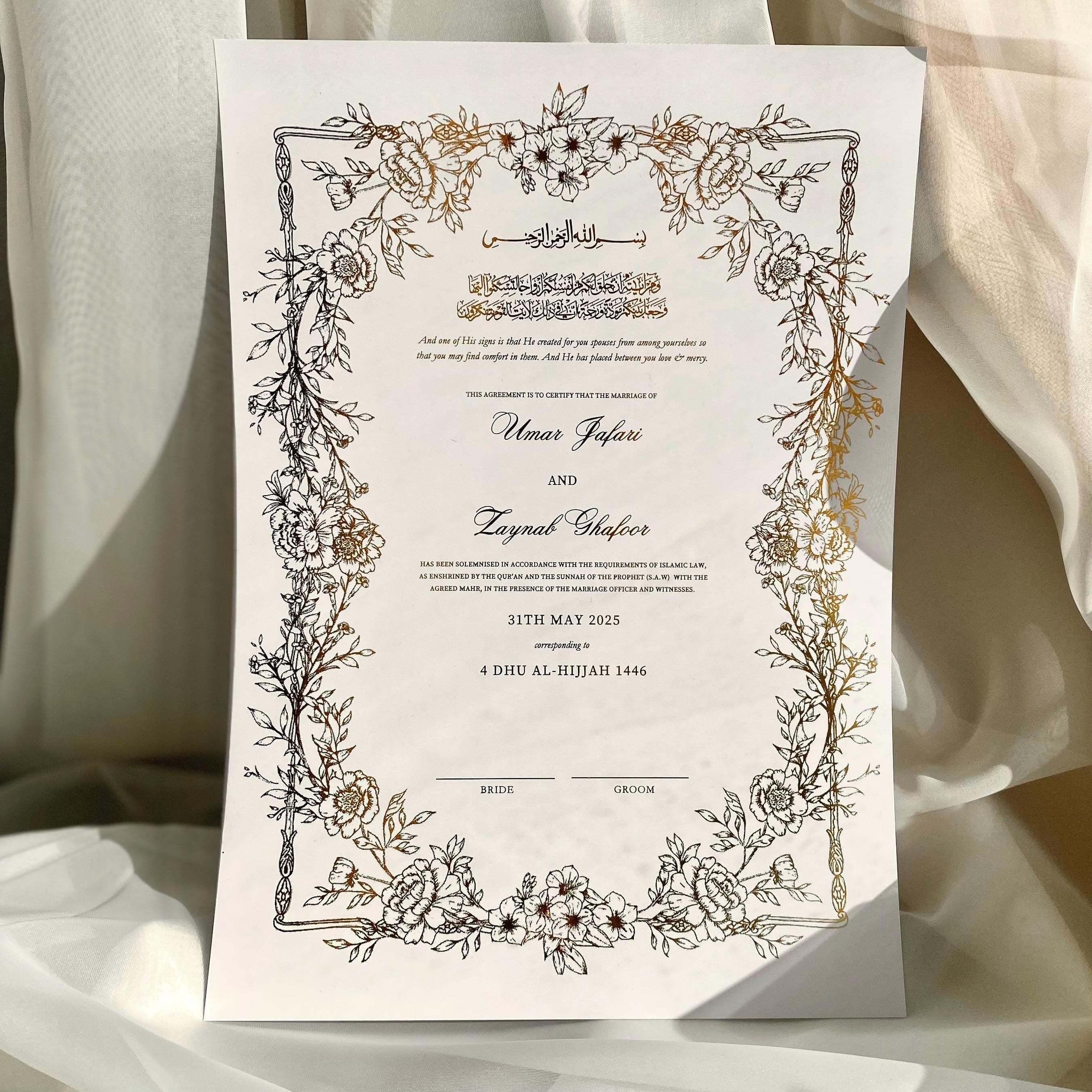 Floral Foiled Nikkah Certificate: Personalized Muslim Marriage Contract - image 5