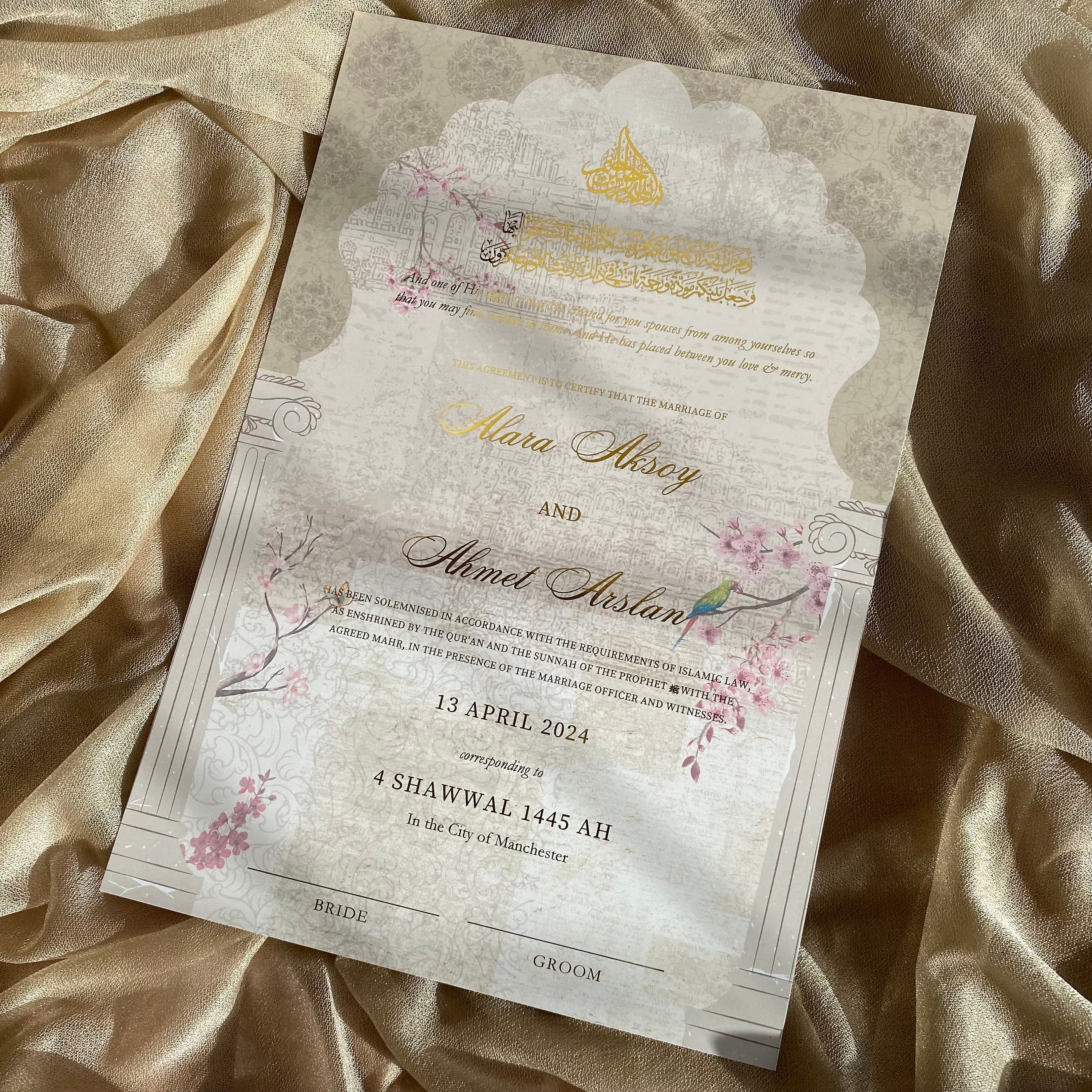 Gold Foiled Nikkah Certificate: Personalized Islamic Wedding Contract