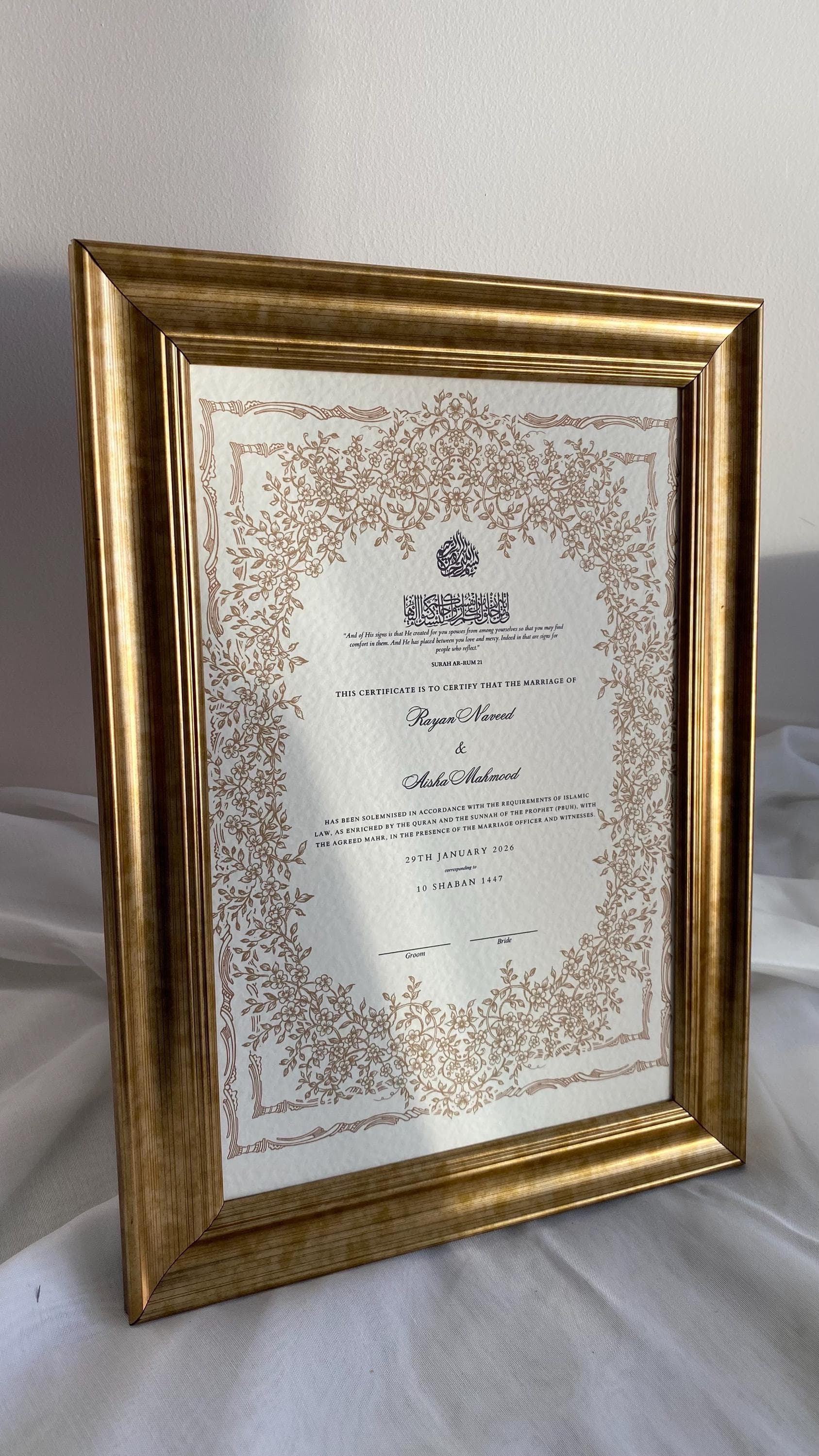 Luxury Hammered Nikkah Certificate: Personalized Muslim Marriage Contract A4 - image 3