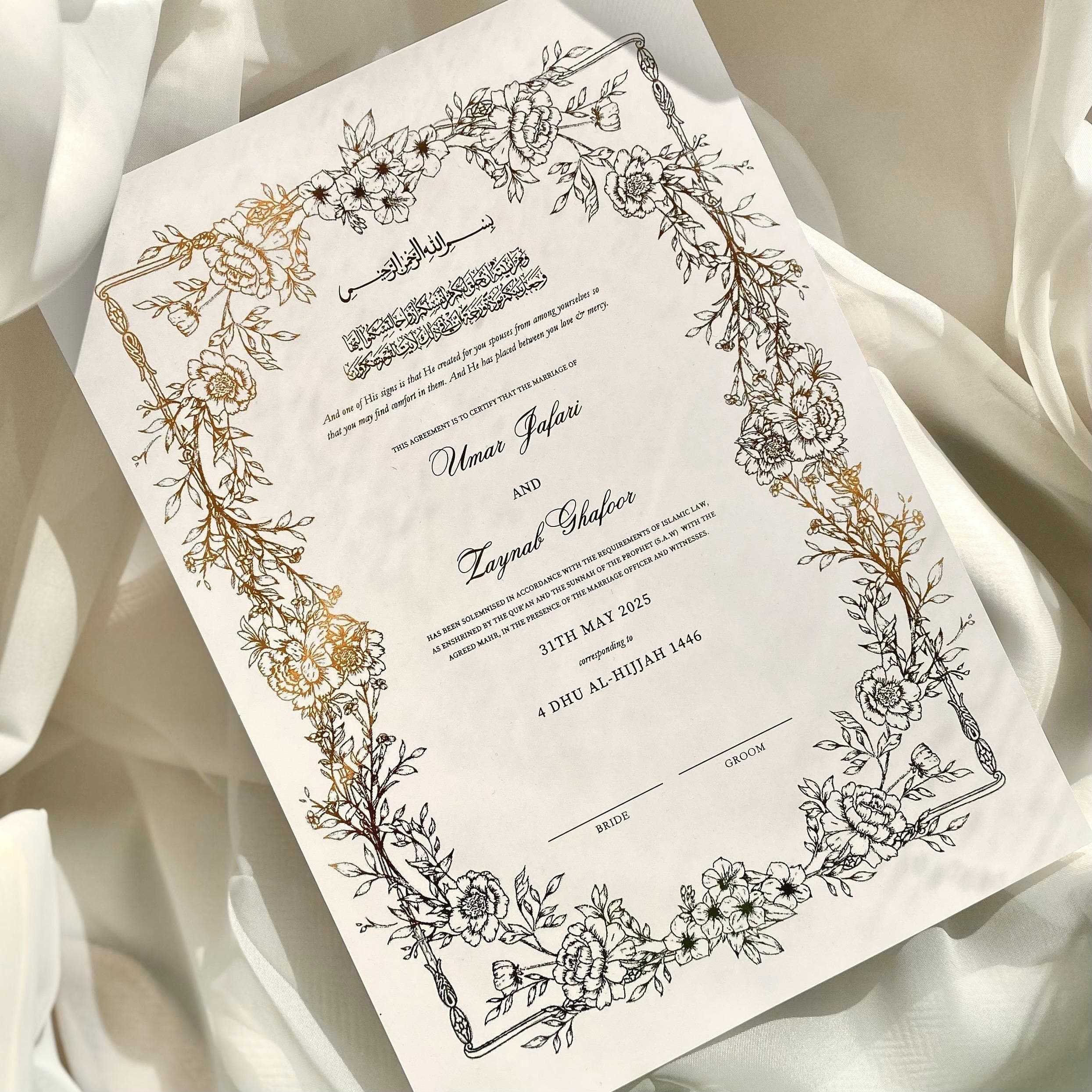 Floral Foiled Nikkah Certificate: Personalized Muslim Marriage Contract