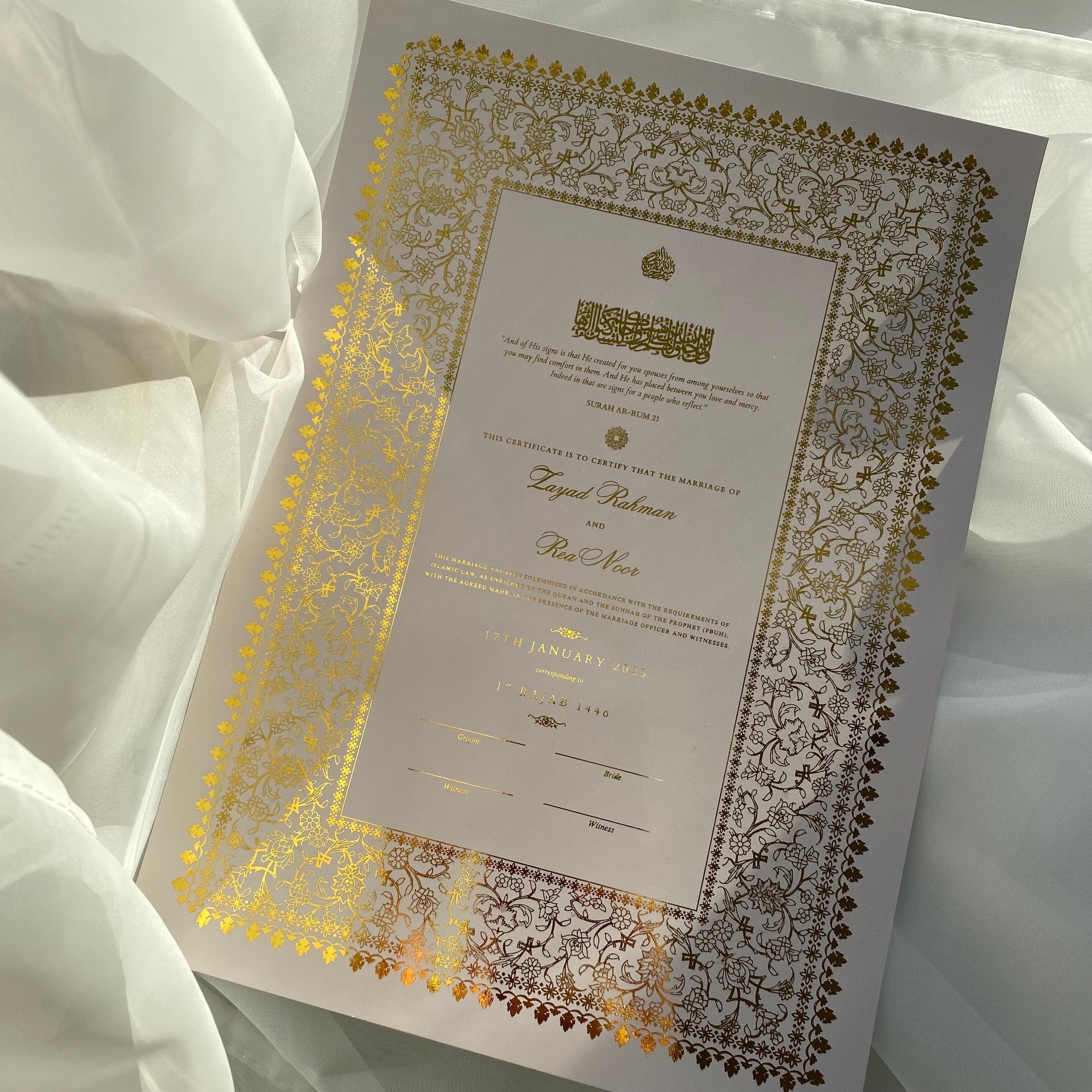 Foiled Nikkah Certificate: Personalised Islamic Wedding Contract A4