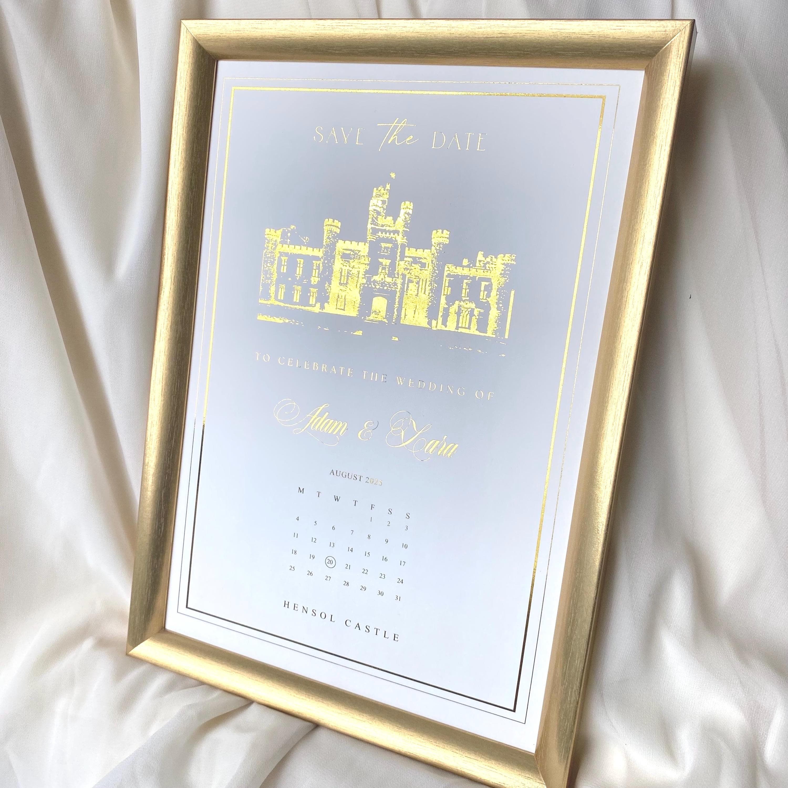 Personalized Foiled Save the Date Card: Venue Illustration, Gold/Silver/Rose Gold