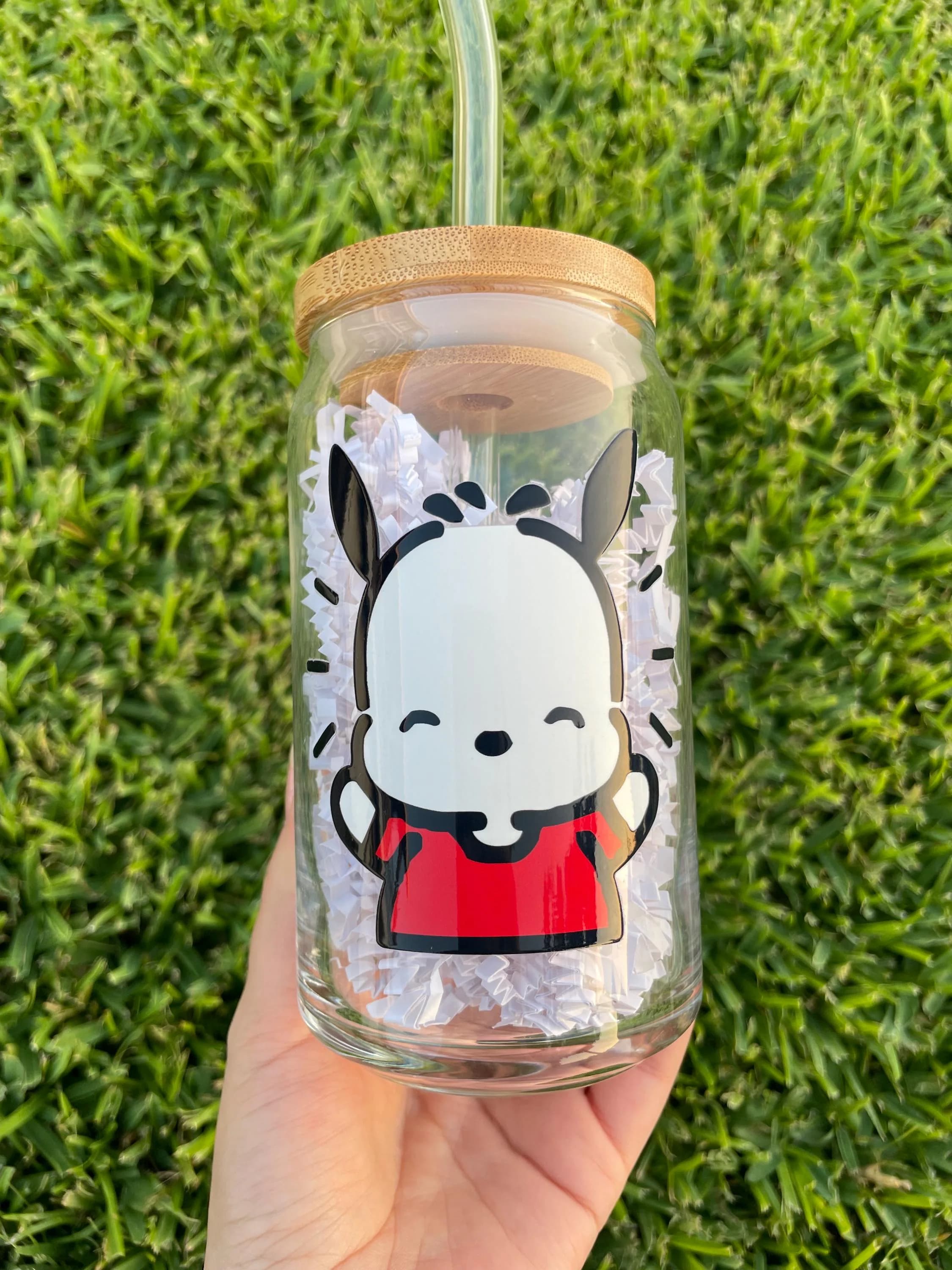 Pochacco aesthetic glass cup with bamboo lid and glass straw.