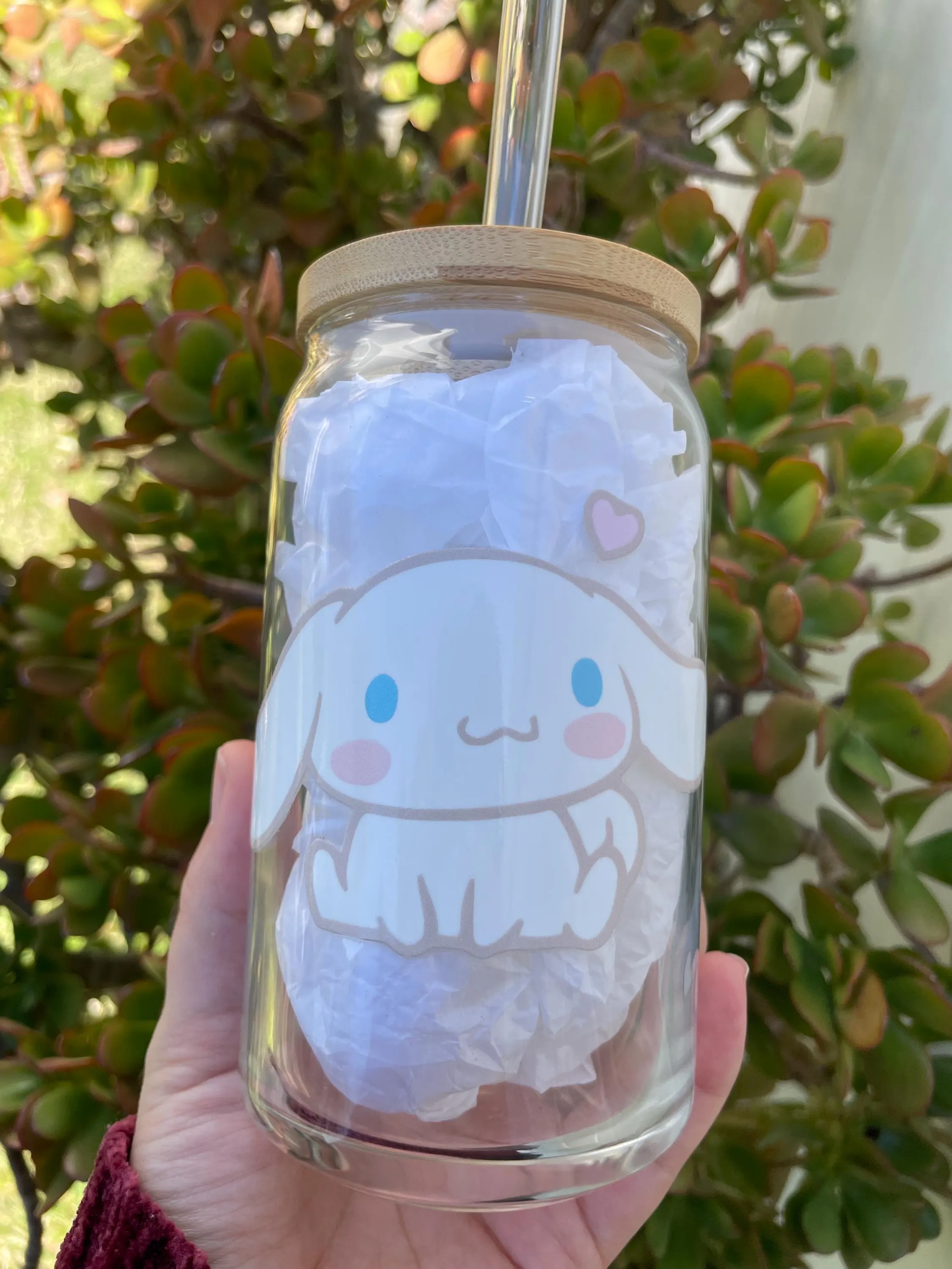 Cinnamoroll aesthetic glass cup with bamboo lid and glass straw.