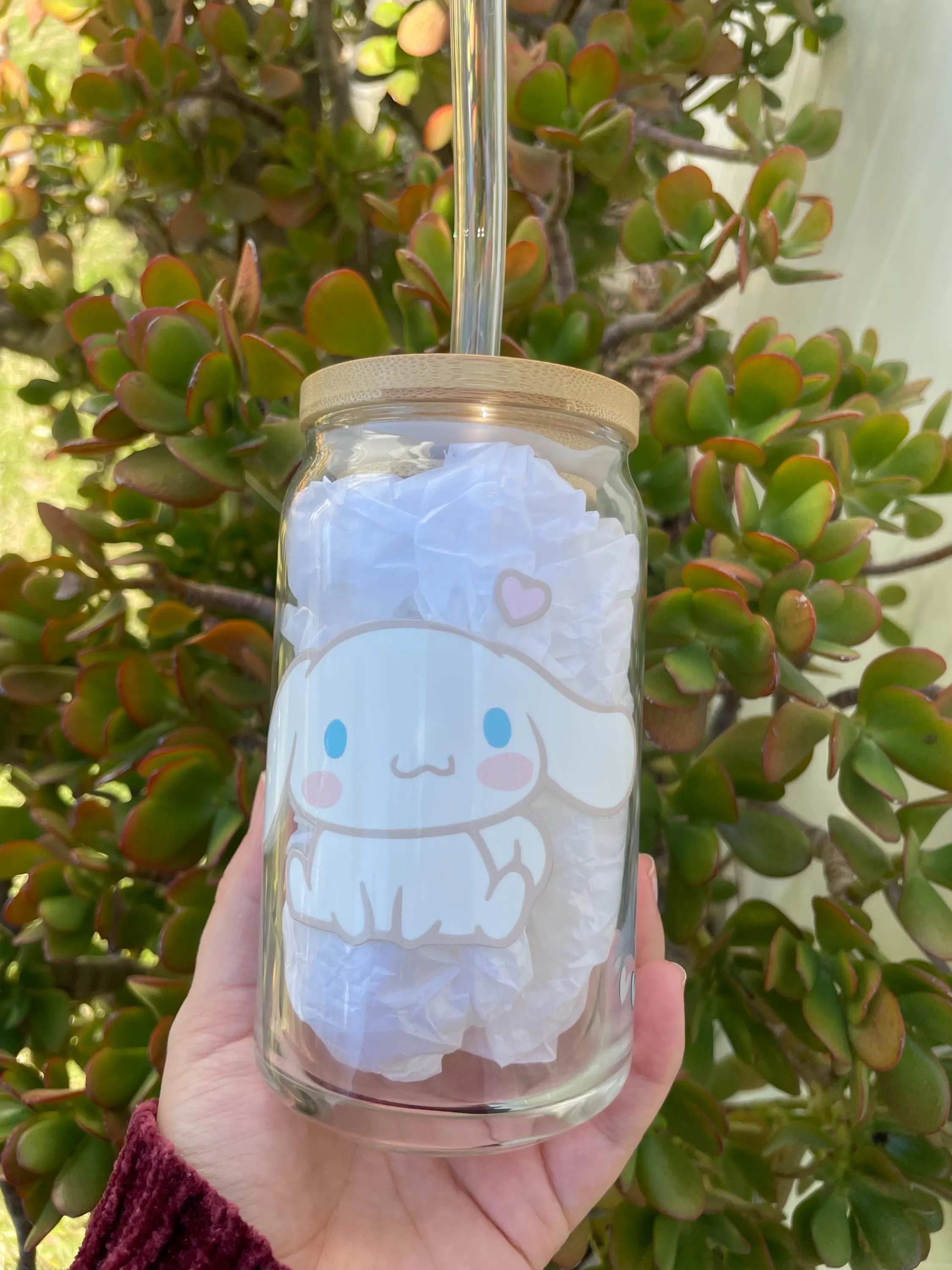 Cinnamoroll aesthetic glass cup with bamboo lid and glass straw. - image 2