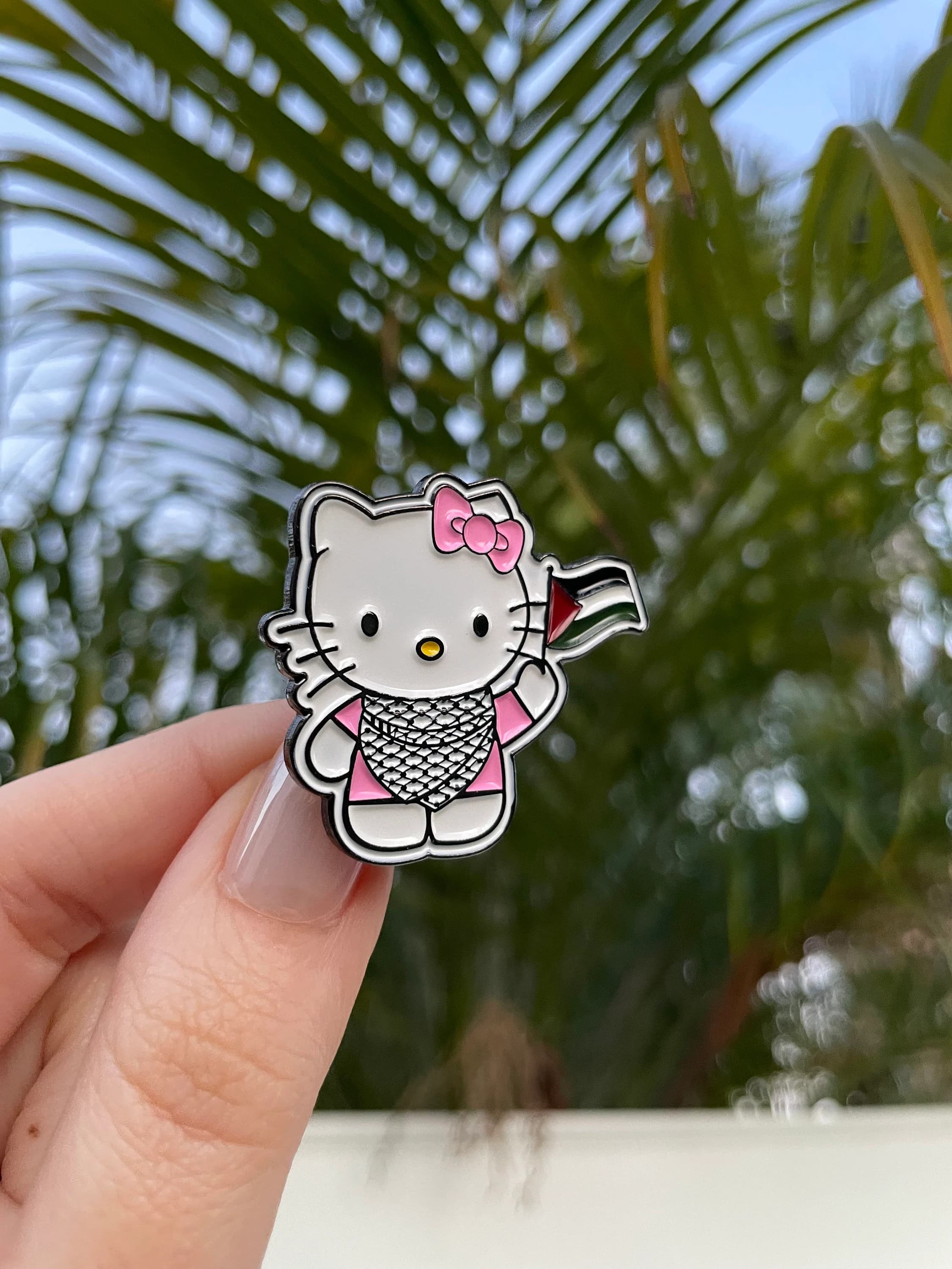 Falastini Hello Kitty Pin wearing keffiyeh with flag, Palestinian HK Pin, Palestine Pin, Keffiyeh Pin, Purse Pin, Backpack Pin, Tote Bag Pin - image 3