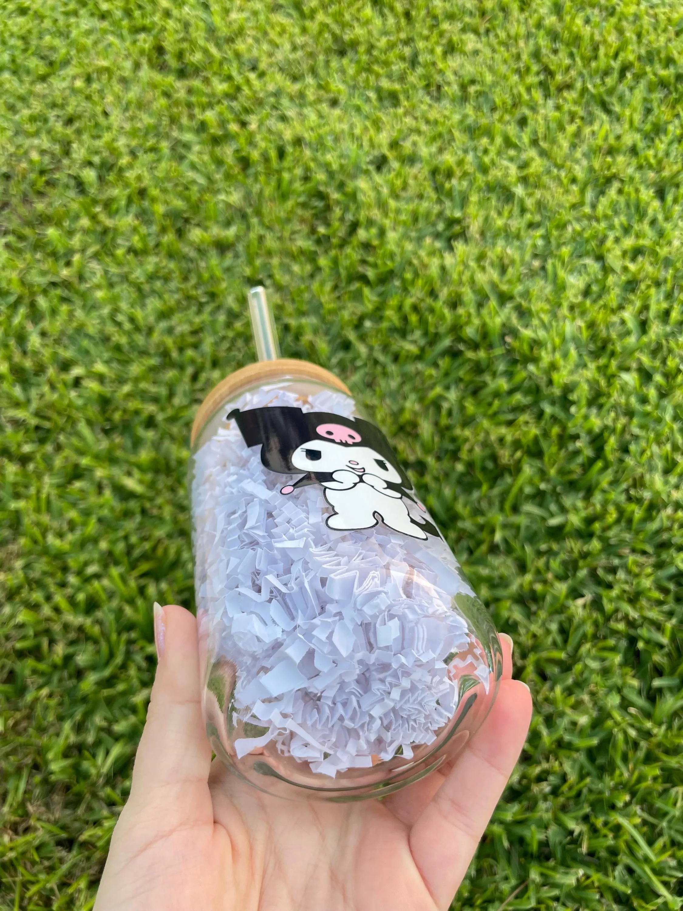 Kuromi aesthetic glass cup,  Bamboo lid and glass straw - image 5
