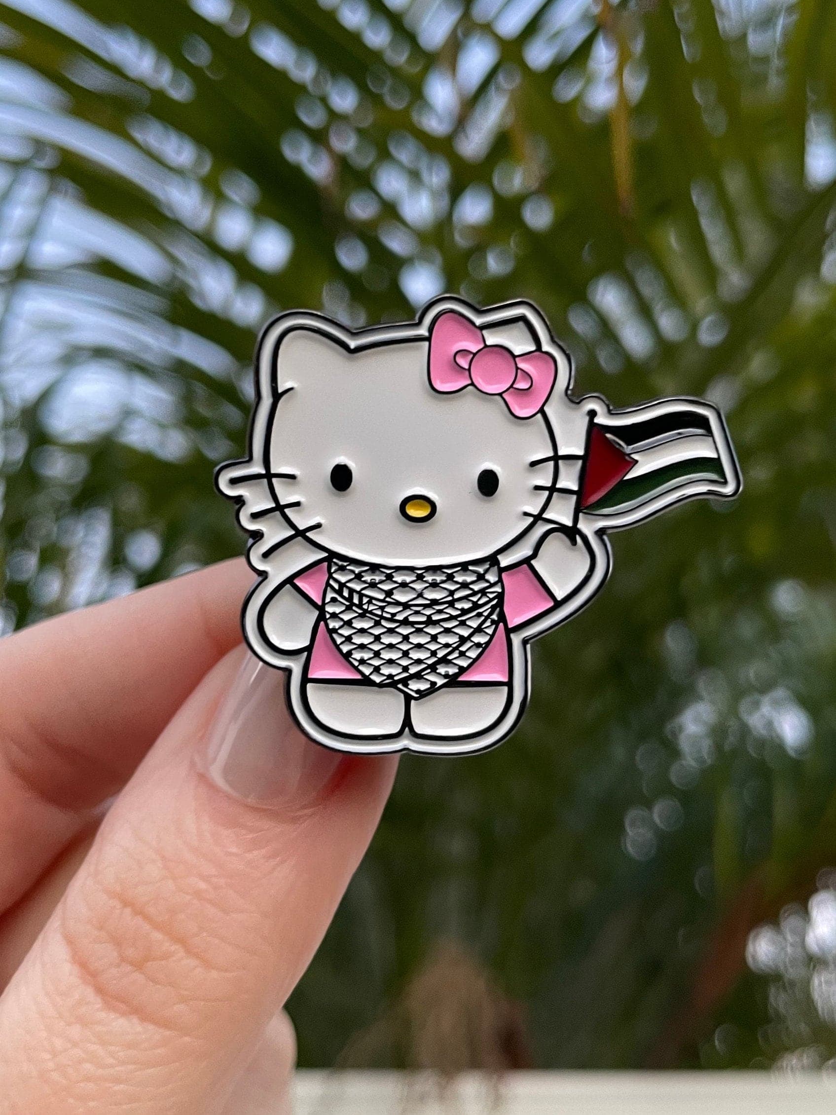 Falastini Hello Kitty Pin wearing keffiyeh with flag, Palestinian HK Pin, Palestine Pin, Keffiyeh Pin, Purse Pin, Backpack Pin, Tote Bag Pin