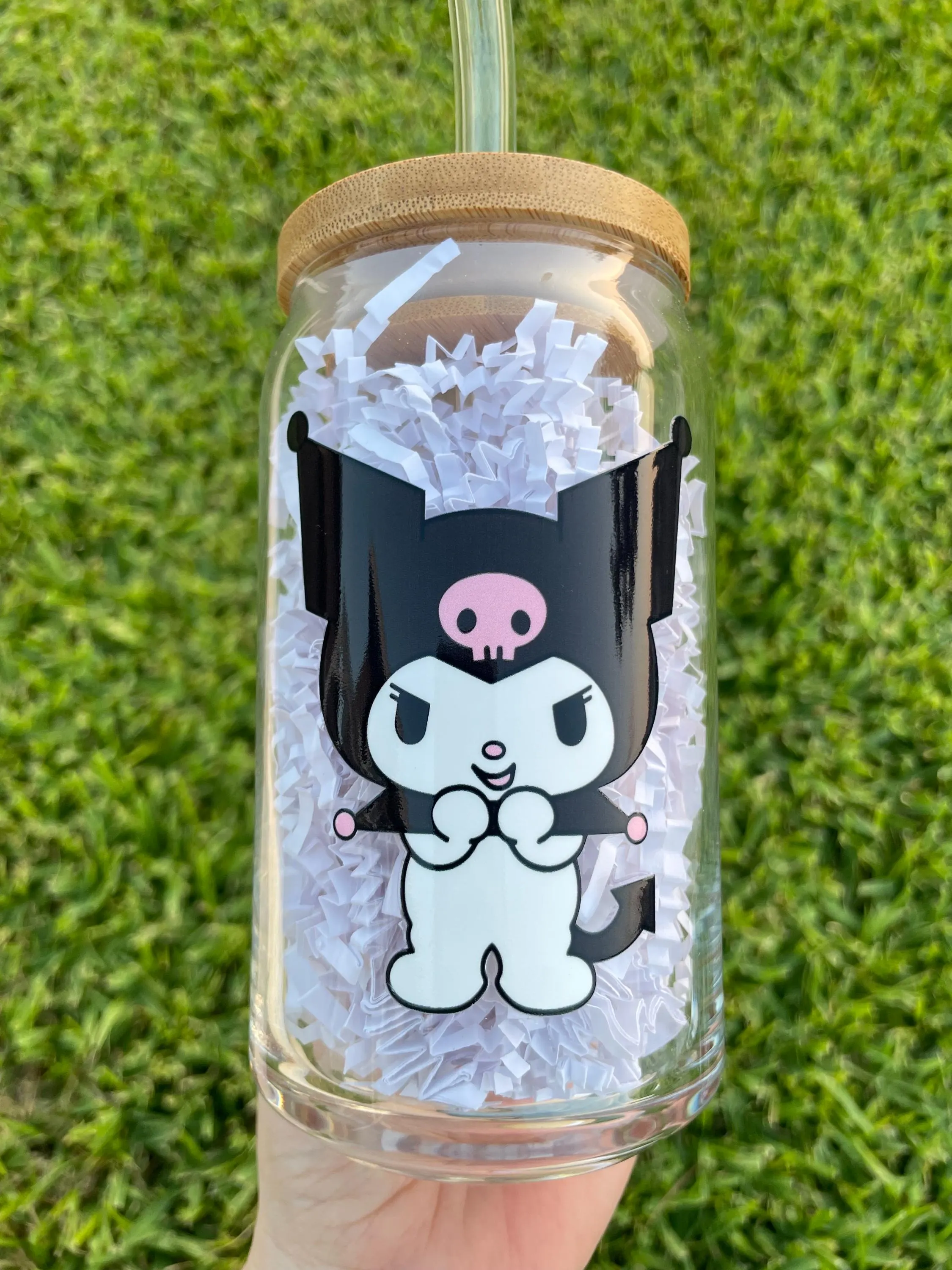 Kuromi aesthetic glass cup,  Bamboo lid and glass straw