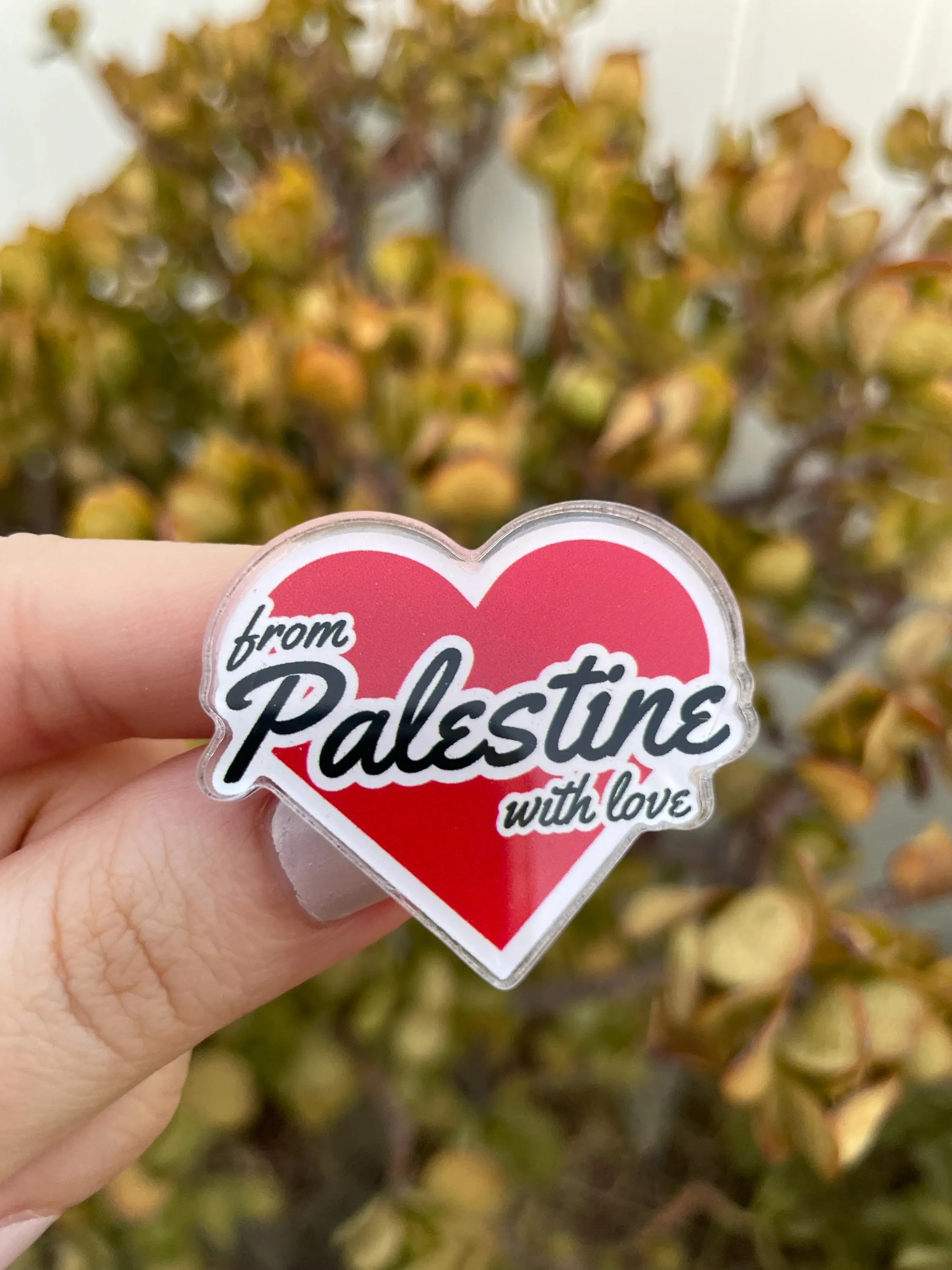 From Palestine with love pin, for backpack pin, hat pin, jacket pin, tote bag pin, purse pin. Acrylic pin. Red