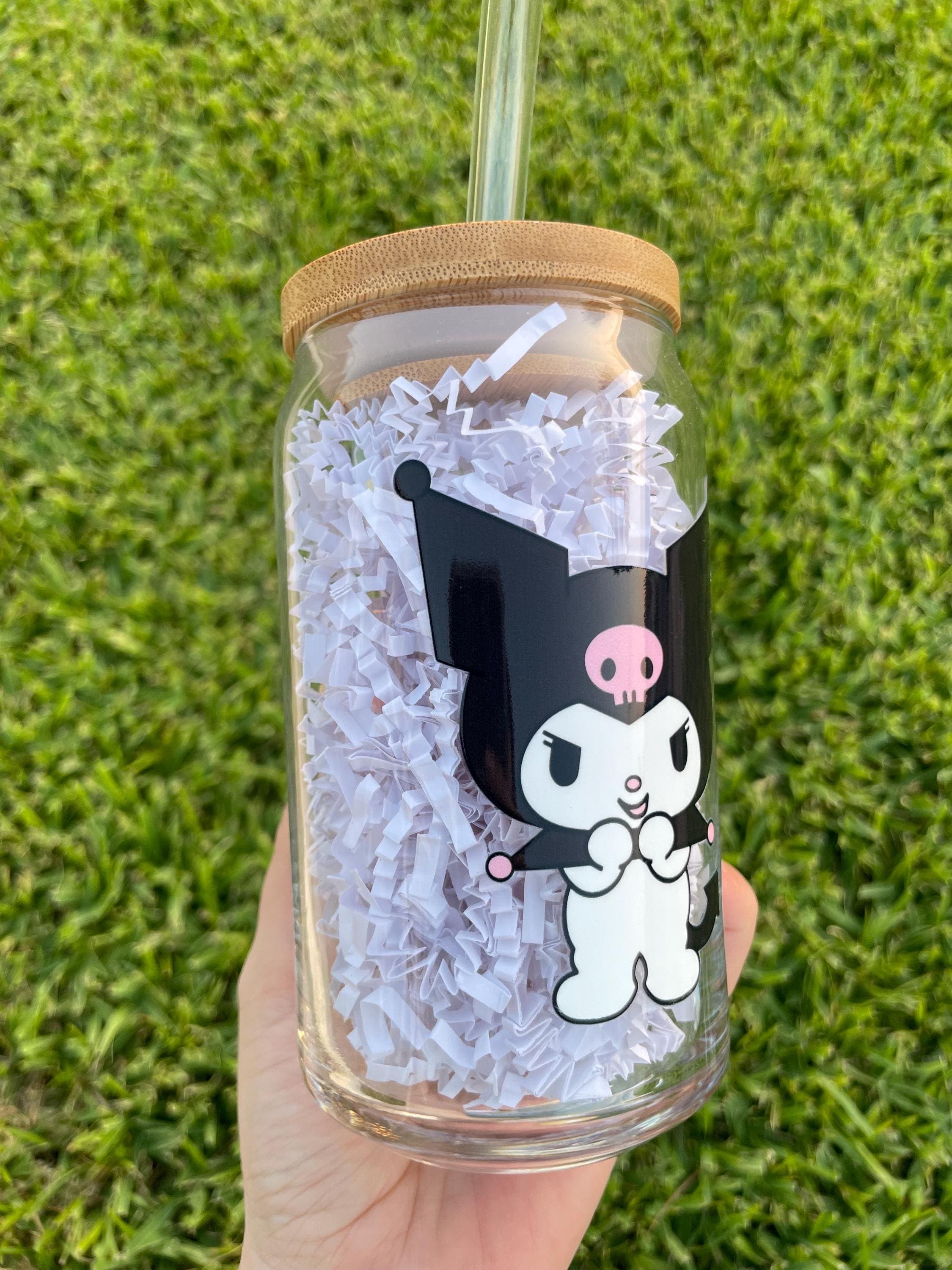 Kuromi aesthetic glass cup,  Bamboo lid and glass straw - image 3