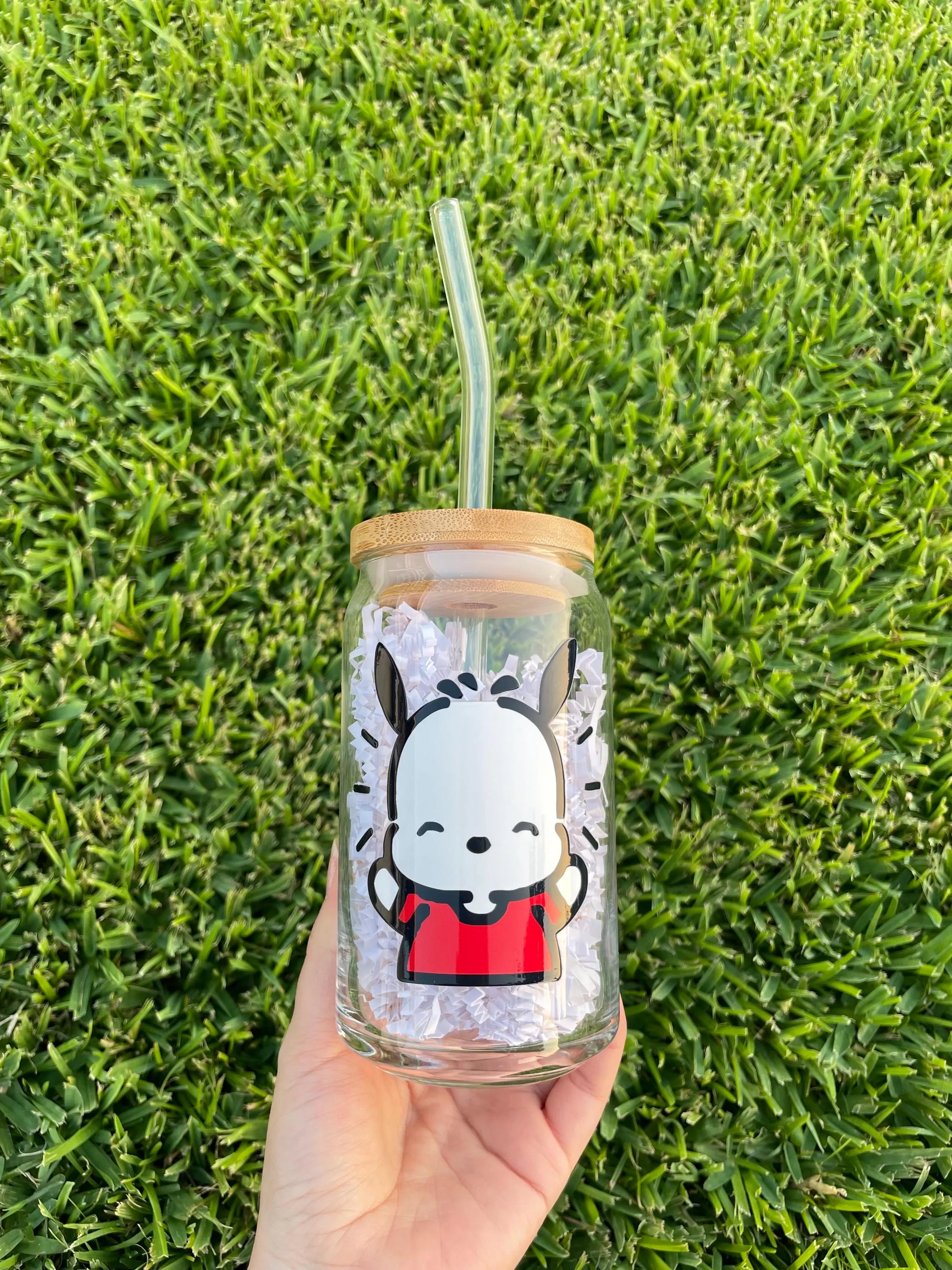 Pochacco aesthetic glass cup with bamboo lid and glass straw. - image 2