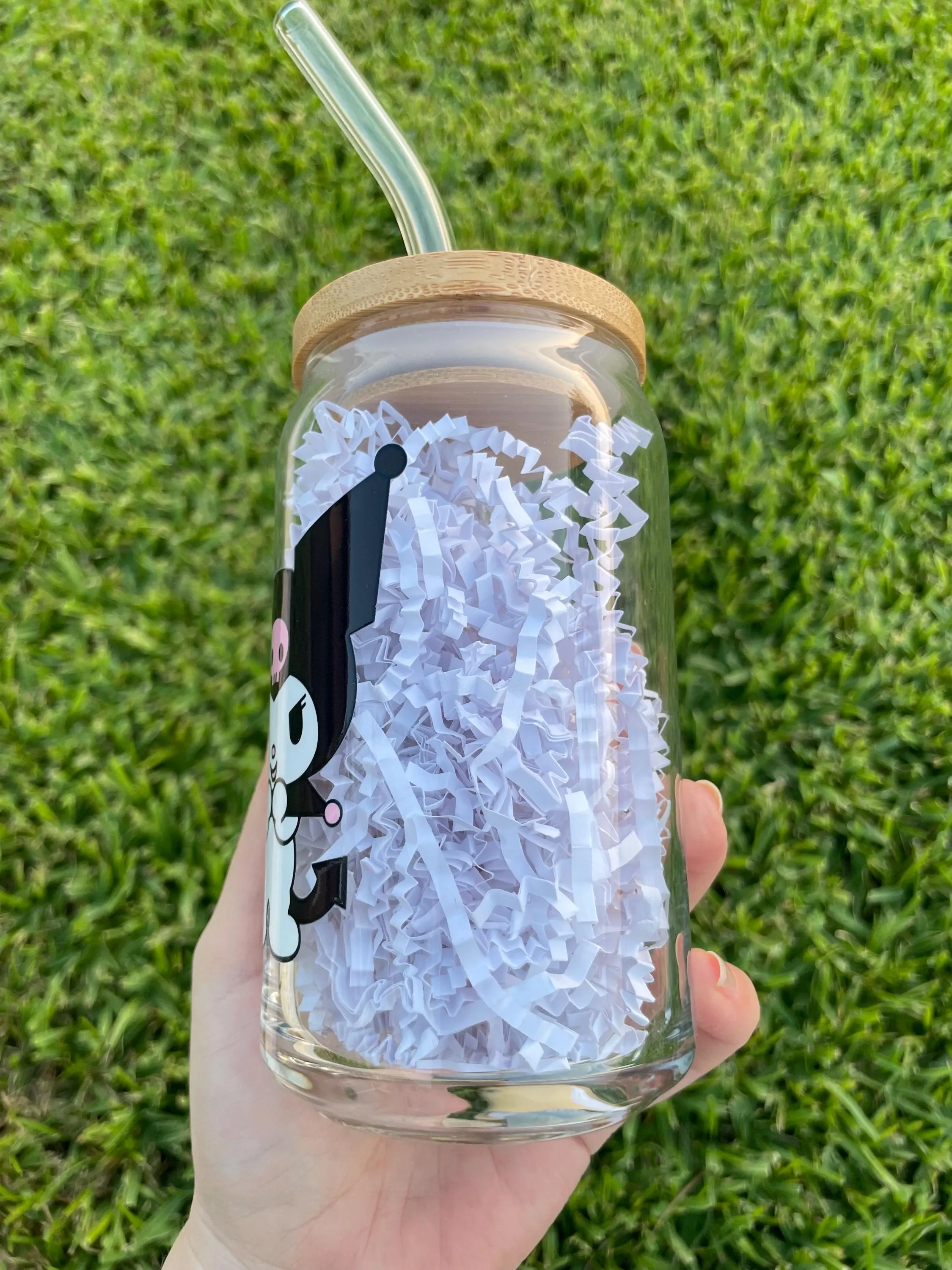 Kuromi aesthetic glass cup,  Bamboo lid and glass straw - image 4