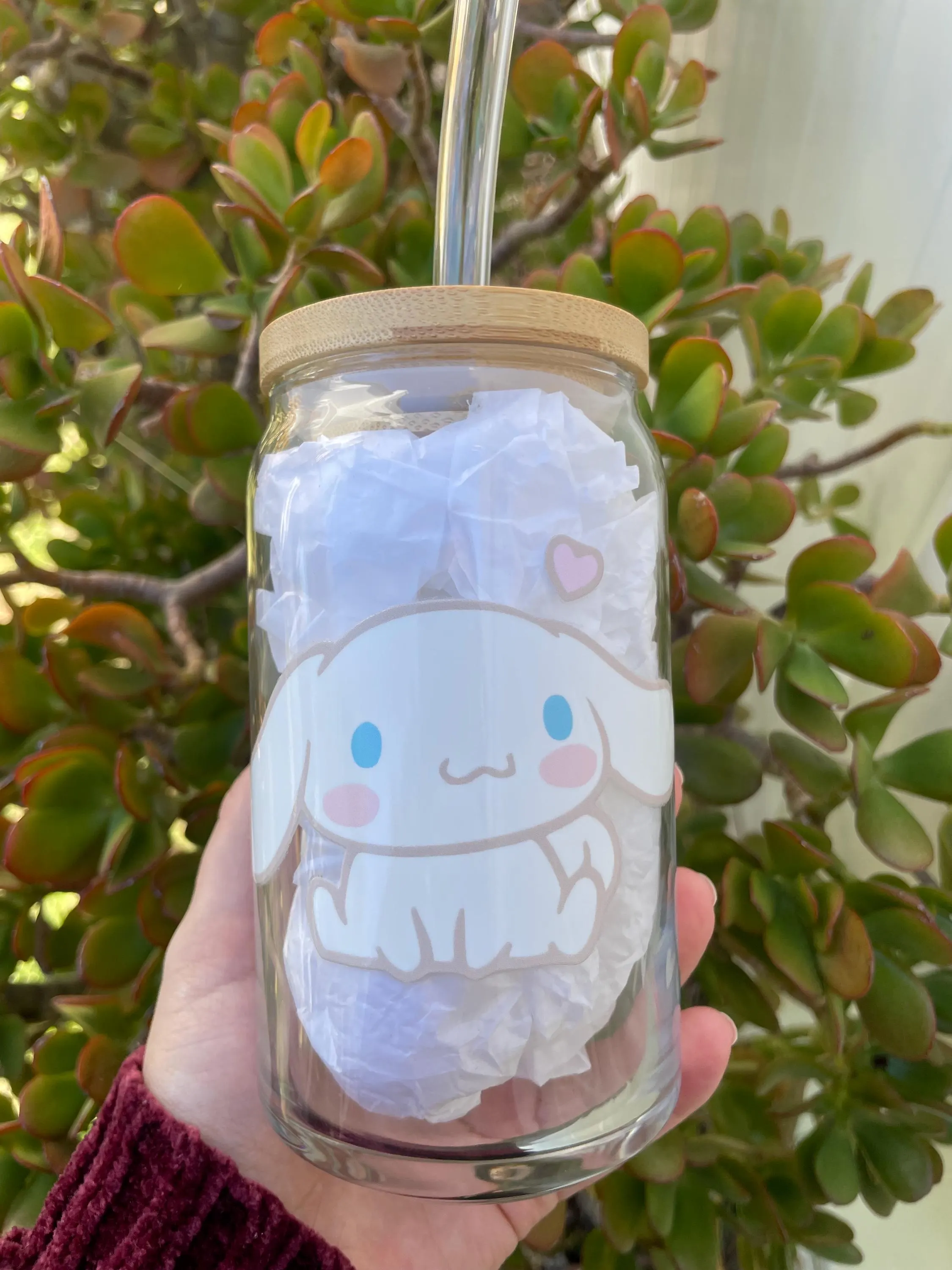 Cinnamoroll aesthetic glass cup with bamboo lid and glass straw. - image 5