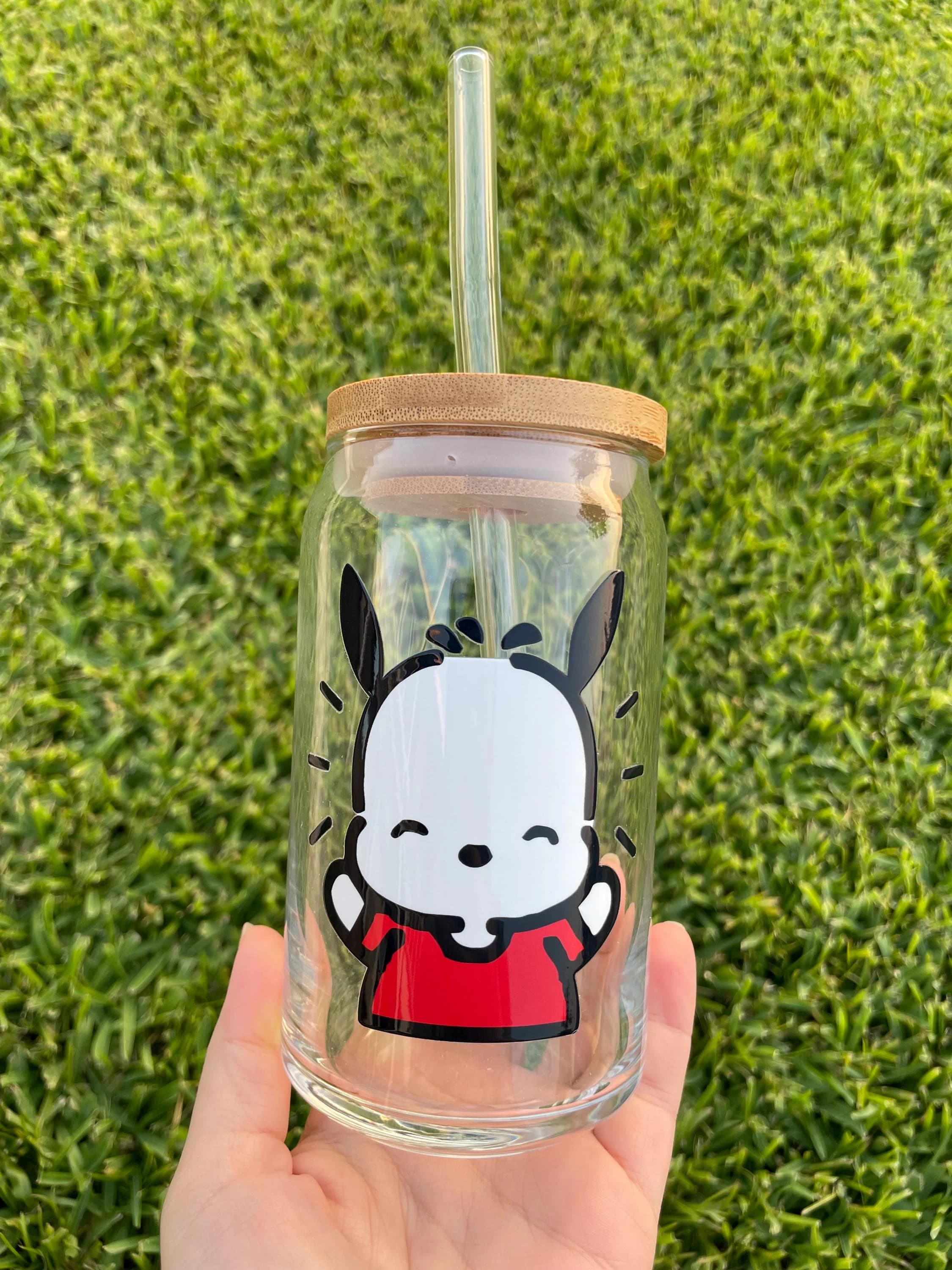 Pochacco aesthetic glass cup with bamboo lid and glass straw. - image 4