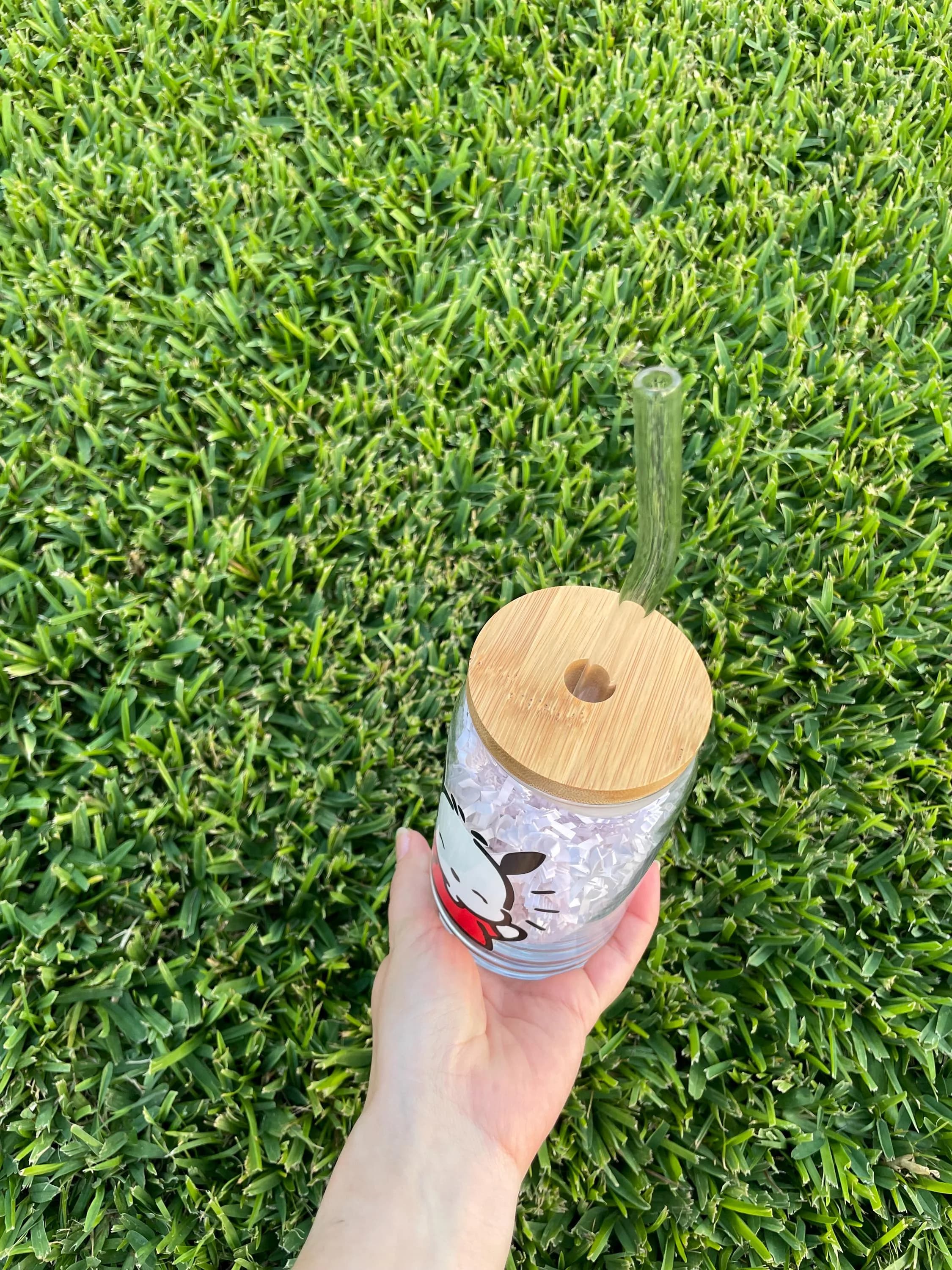 Pochacco aesthetic glass cup with bamboo lid and glass straw. - image 3