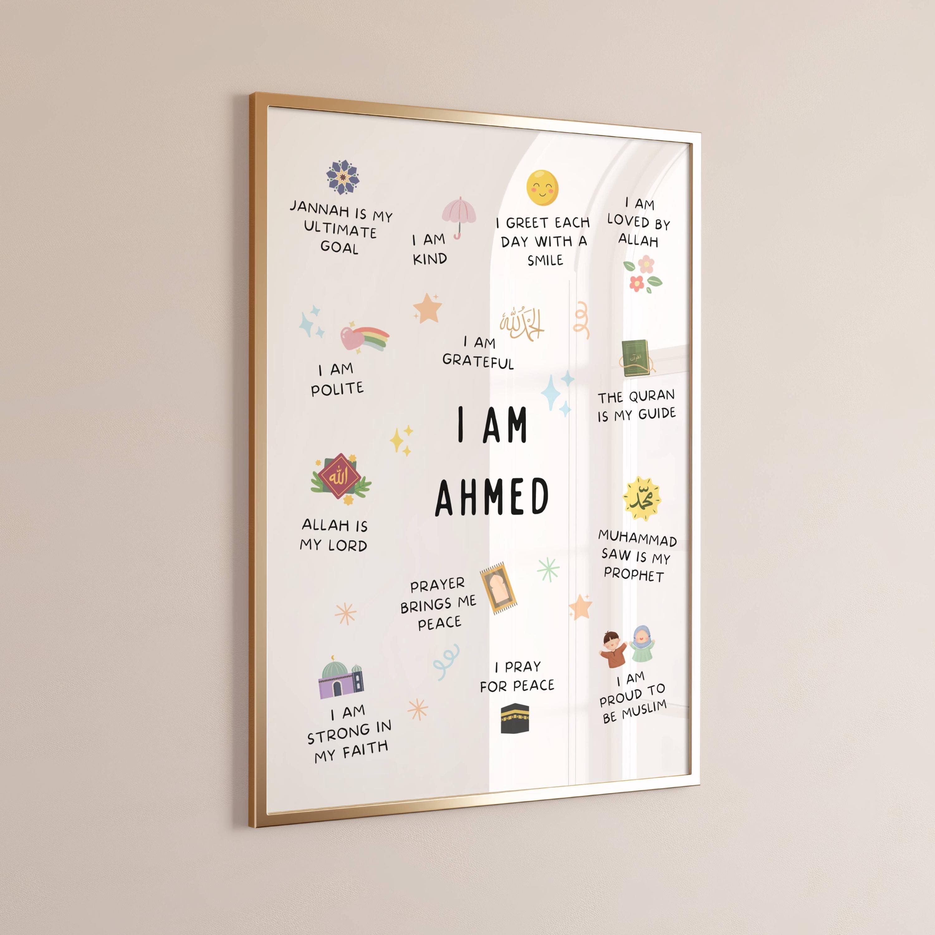 This Custom Islamic Affirmations for Kids printable Islamic  wall art is a wonderful addition to any muslim childs bedroom or playroom.