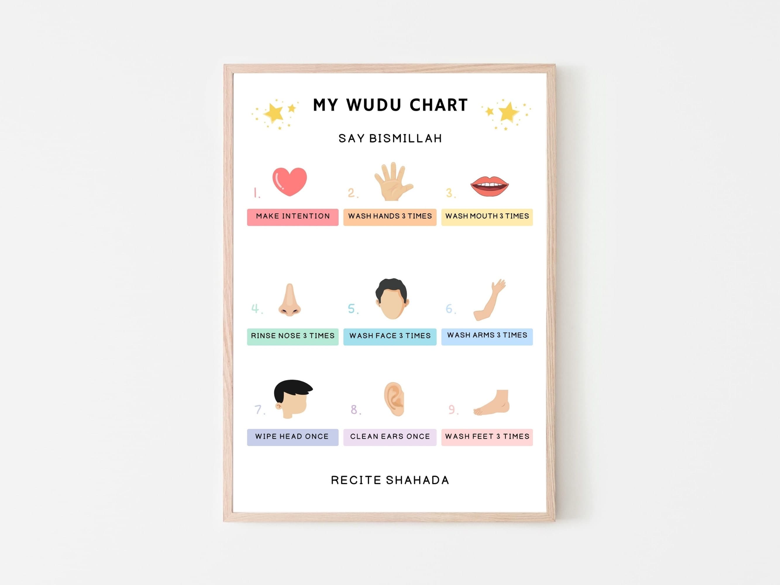 This wudu chart printable is educational tool serves as a step-by-step wudu guide, perfect for teaching children, beginners, or anyone looking to refine their ablution process.