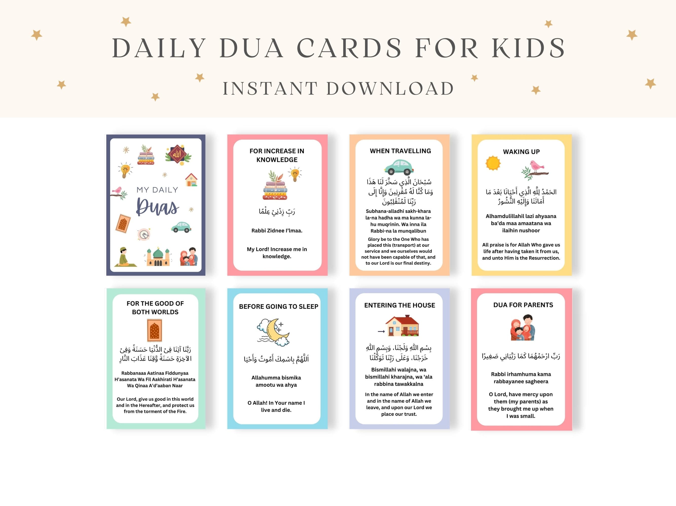 Kids Dua Cards, Islamic Kids Printables, Duas for Kids, Children Dua Book, Prayer Cards, Dua Flashcards, Duas PDF, Daily Duas for Kids