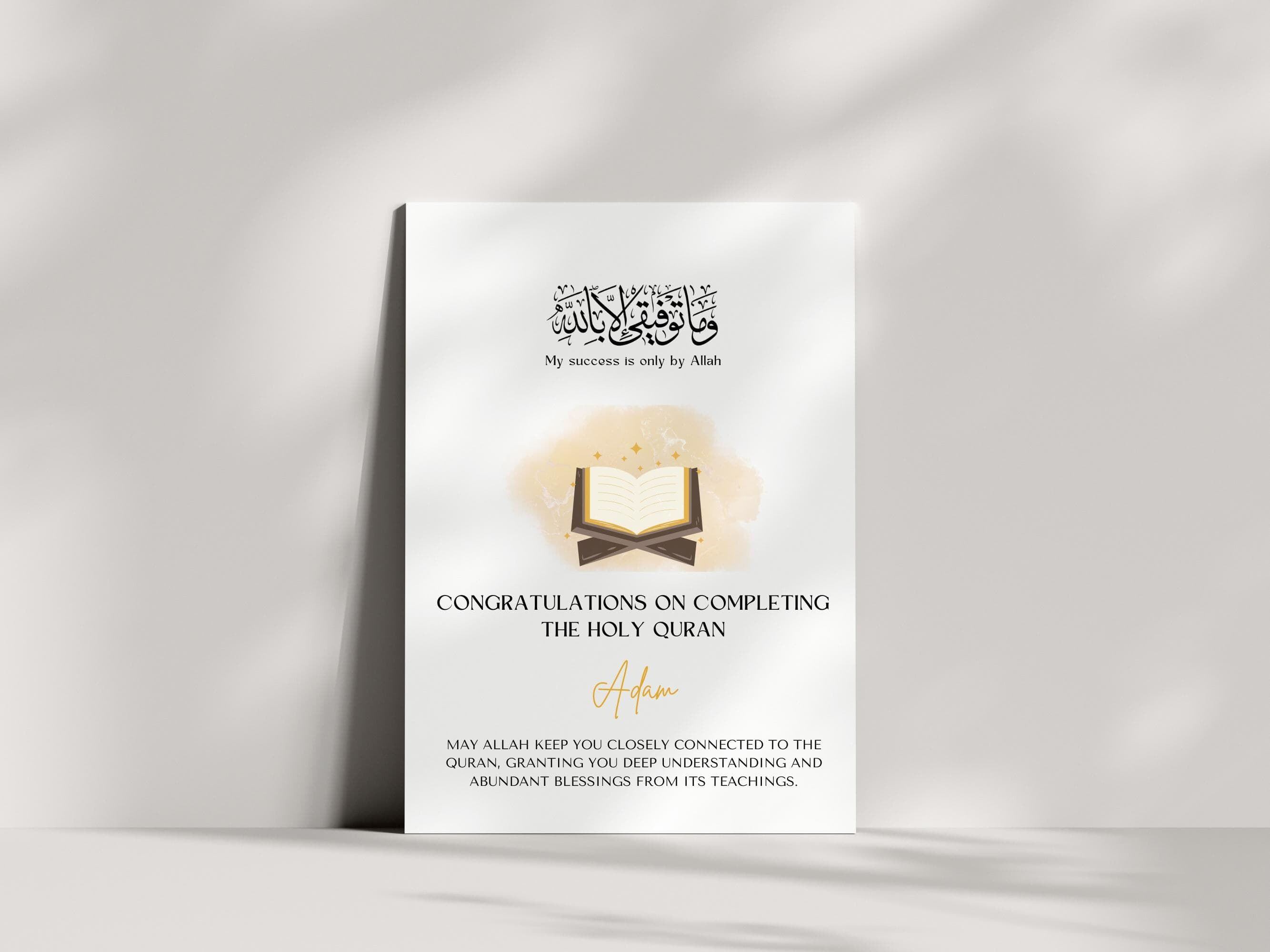 Celebrate the remarkable achievement of completing the Quran with this Custom Quran Completion Card. This beautifully designed card is perfect for congratulating someone on their Khatam Al-Quran, marking a significant Islamic milestone.