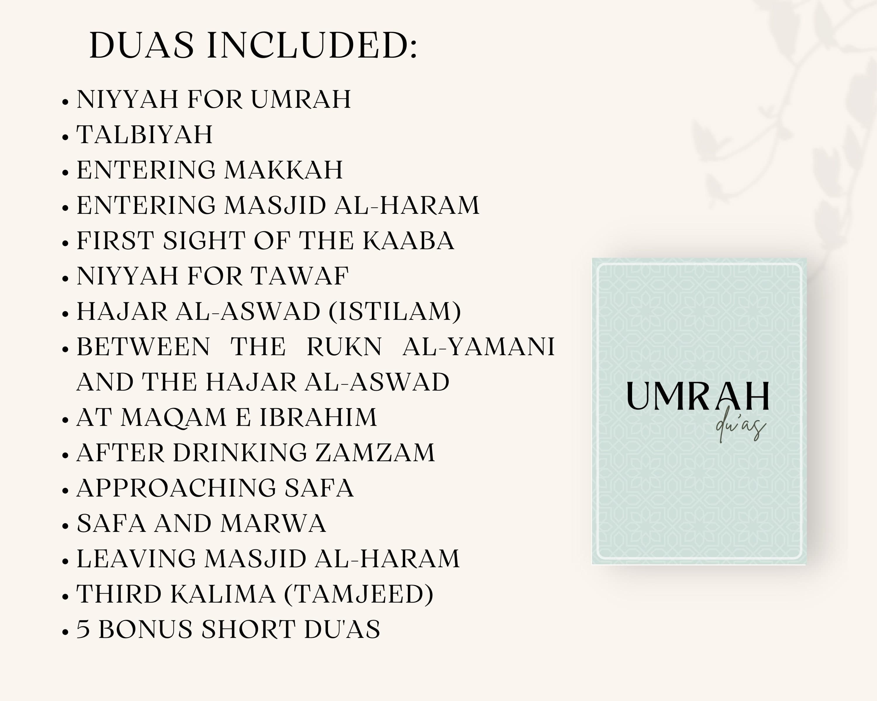 These Digital Umrah Dua Cards are perfect to use during your Umrah. It contains all the main Umrah duas you’ll need to perform Umrah/ Hajj.